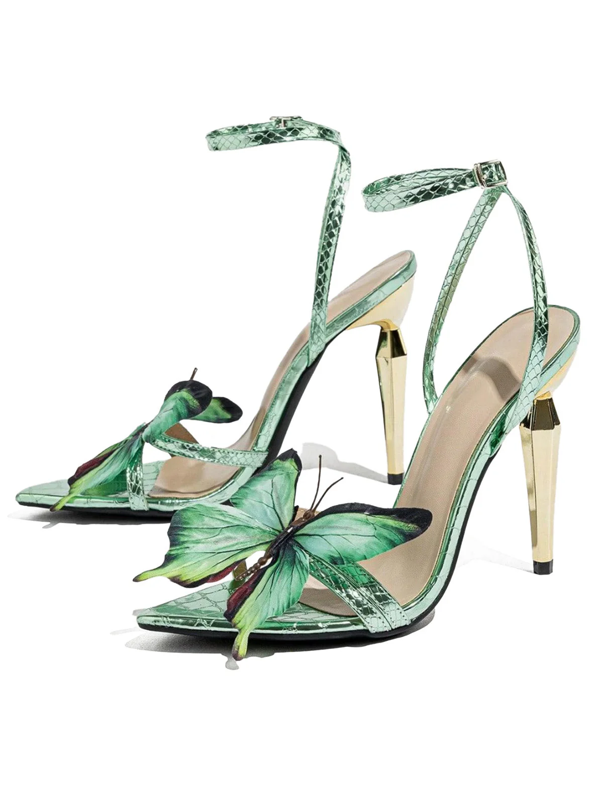 Pale Green Butterfly Metallic Ankle Strap Stiletto Sandals