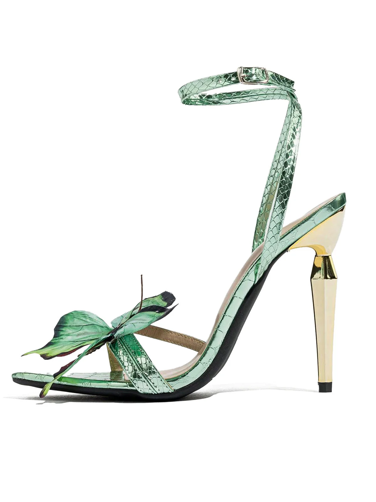 Pale Green Butterfly Metallic Ankle Strap Stiletto Sandals - Image 3
