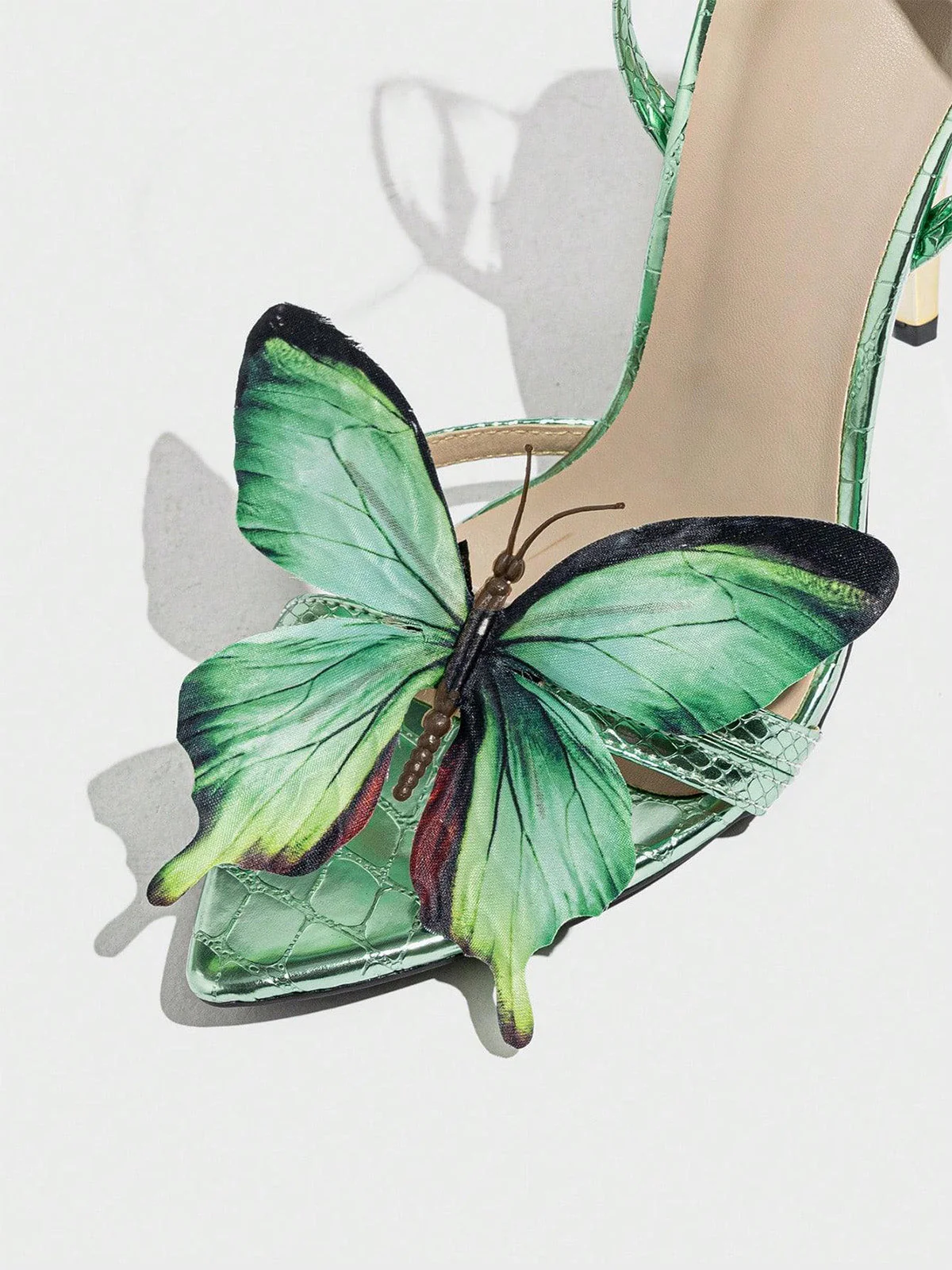 Pale Green Butterfly Metallic Ankle Strap Stiletto Sandals - Image 4