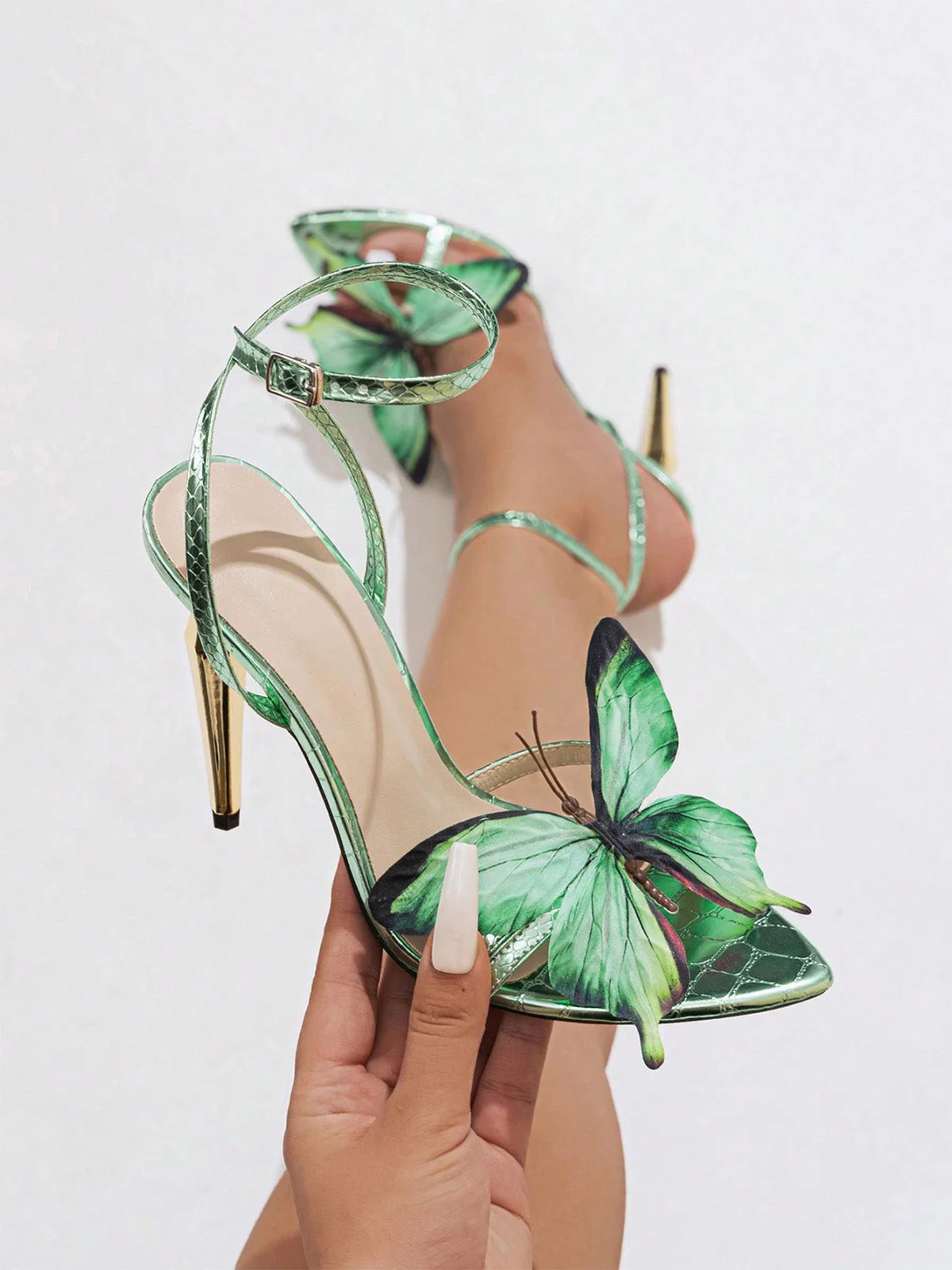 Pale Green Butterfly Metallic Ankle Strap Stiletto Sandals - Image 5