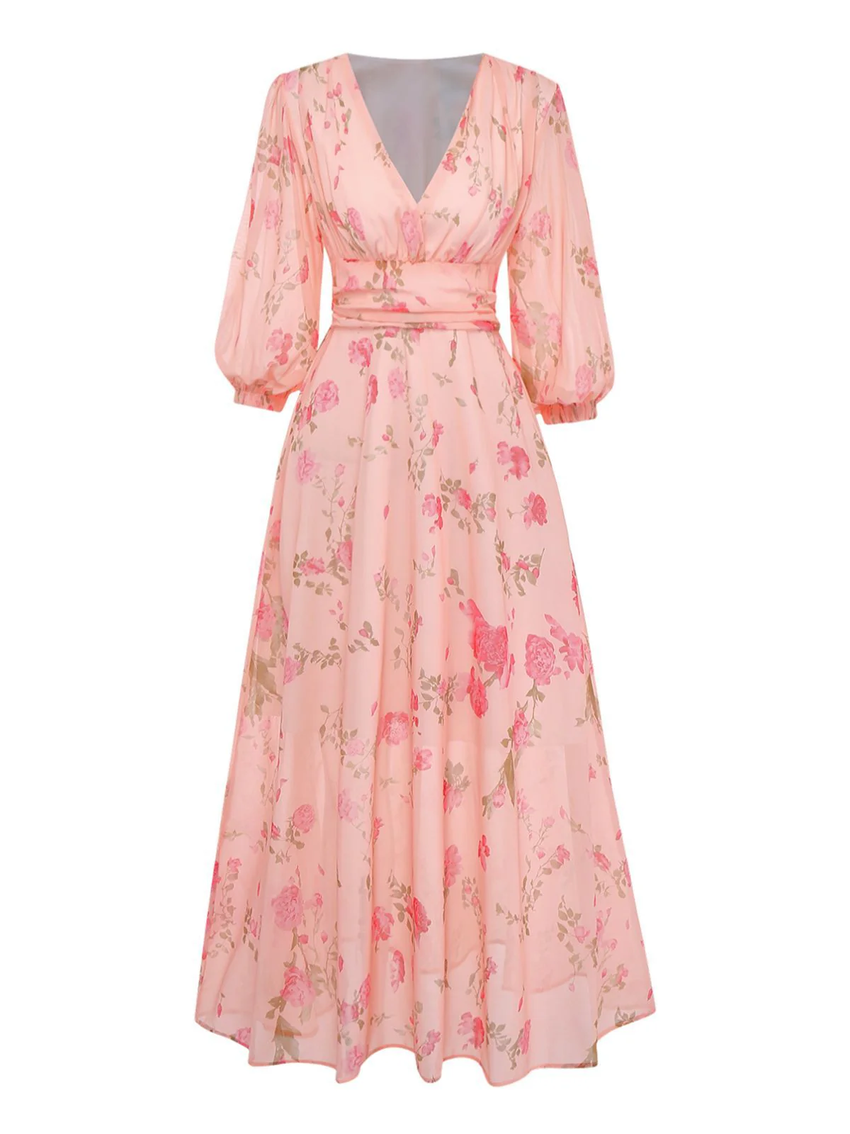 Pale Pink 1930s Floral V-Neck Chiffon Dress - Image 2