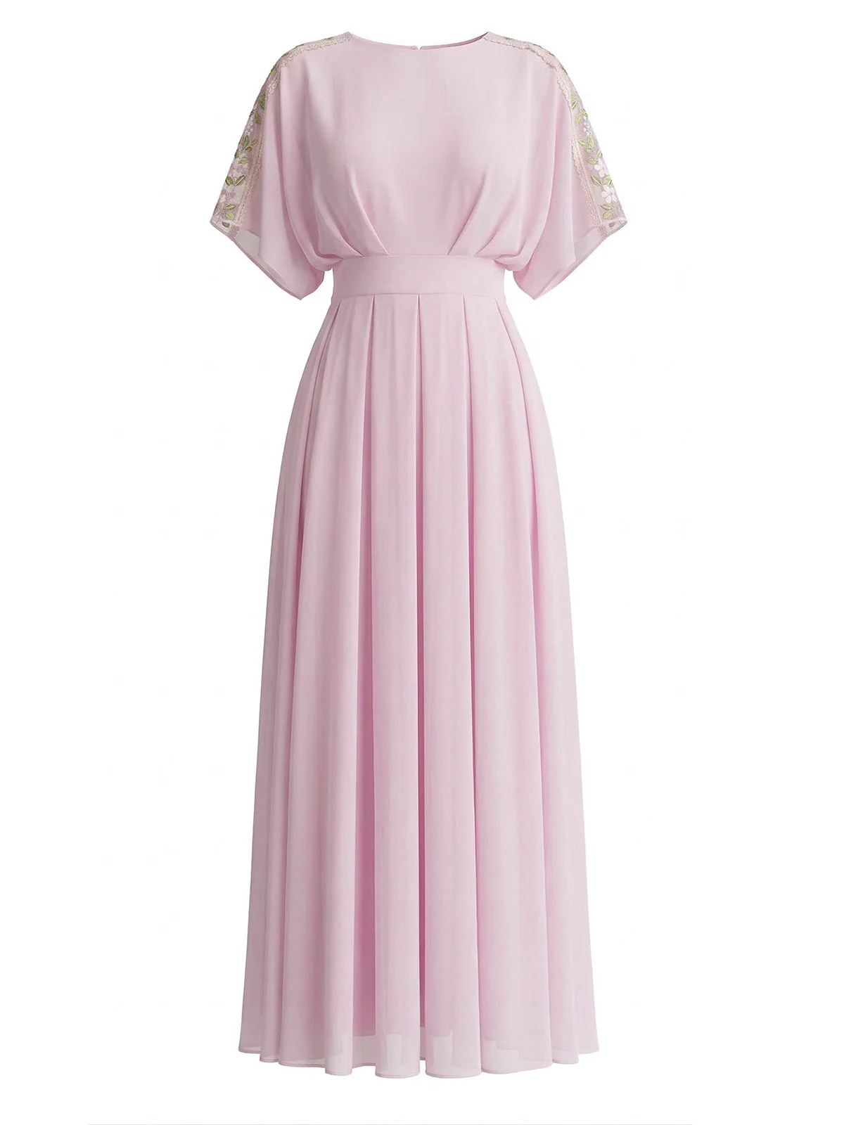 Pale Pink 1930s Round Neck Chiffon Pleated Maxi Dress