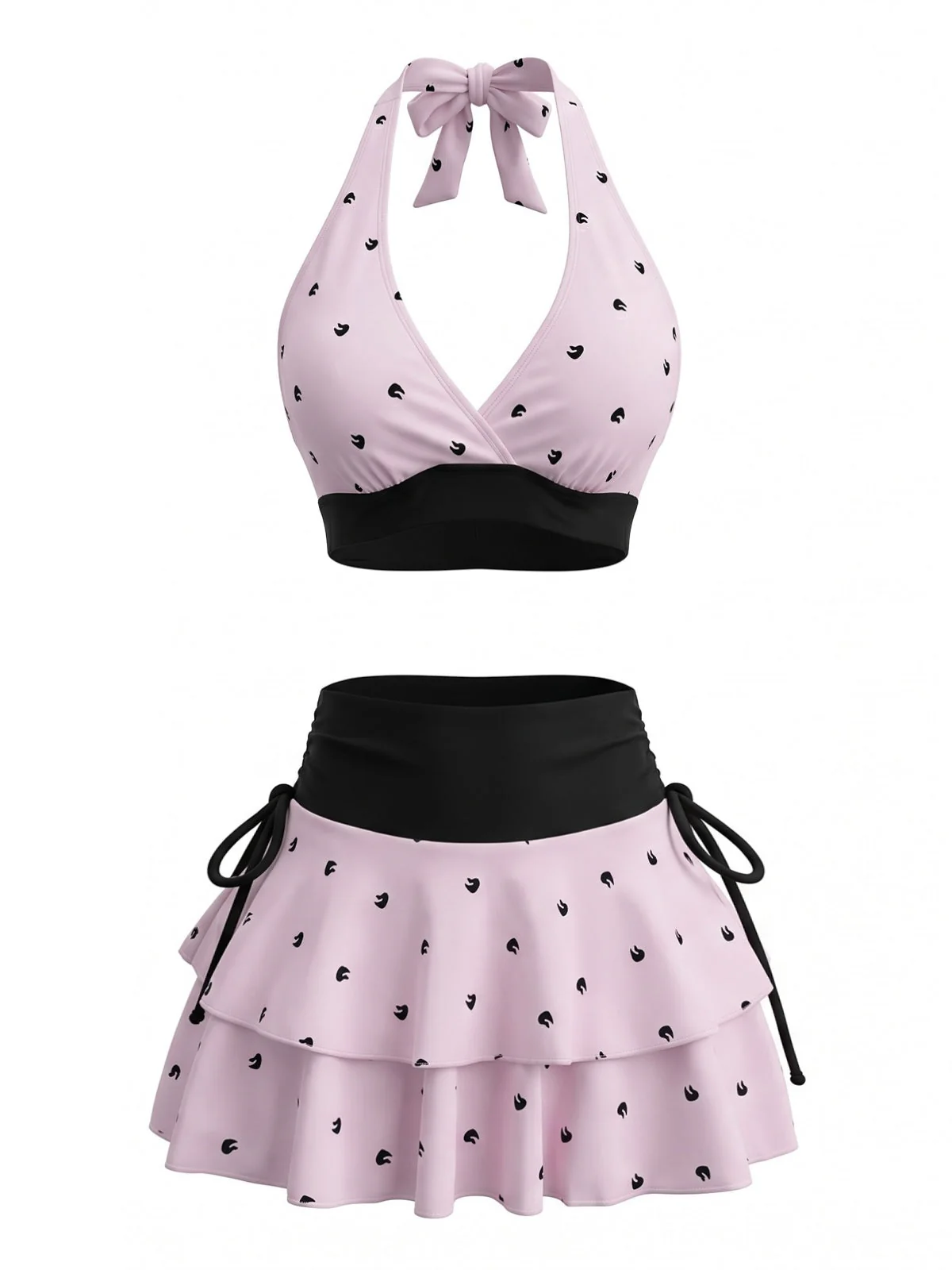 Pale Pink 1980s Polka Dot Halter Ruffle Bikini Set & Cover-Up Skirt