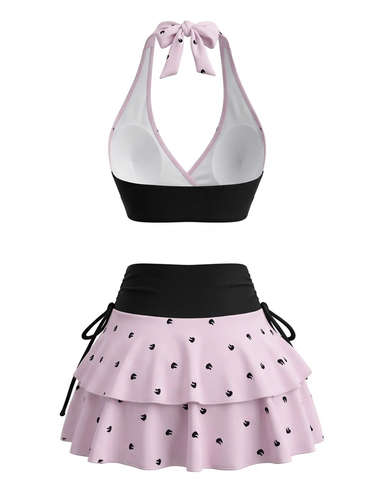 Pale Pink 1980s Polka Dot Halter Ruffle Bikini Set & Cover-Up Skirt - Image 2