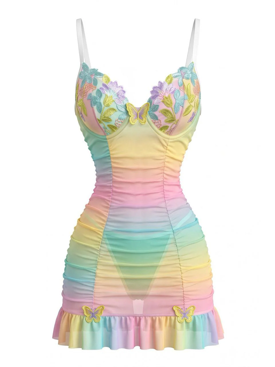 Pastel Rainbow 1960s 3D Floral Butterfly Mesh Nightdress
