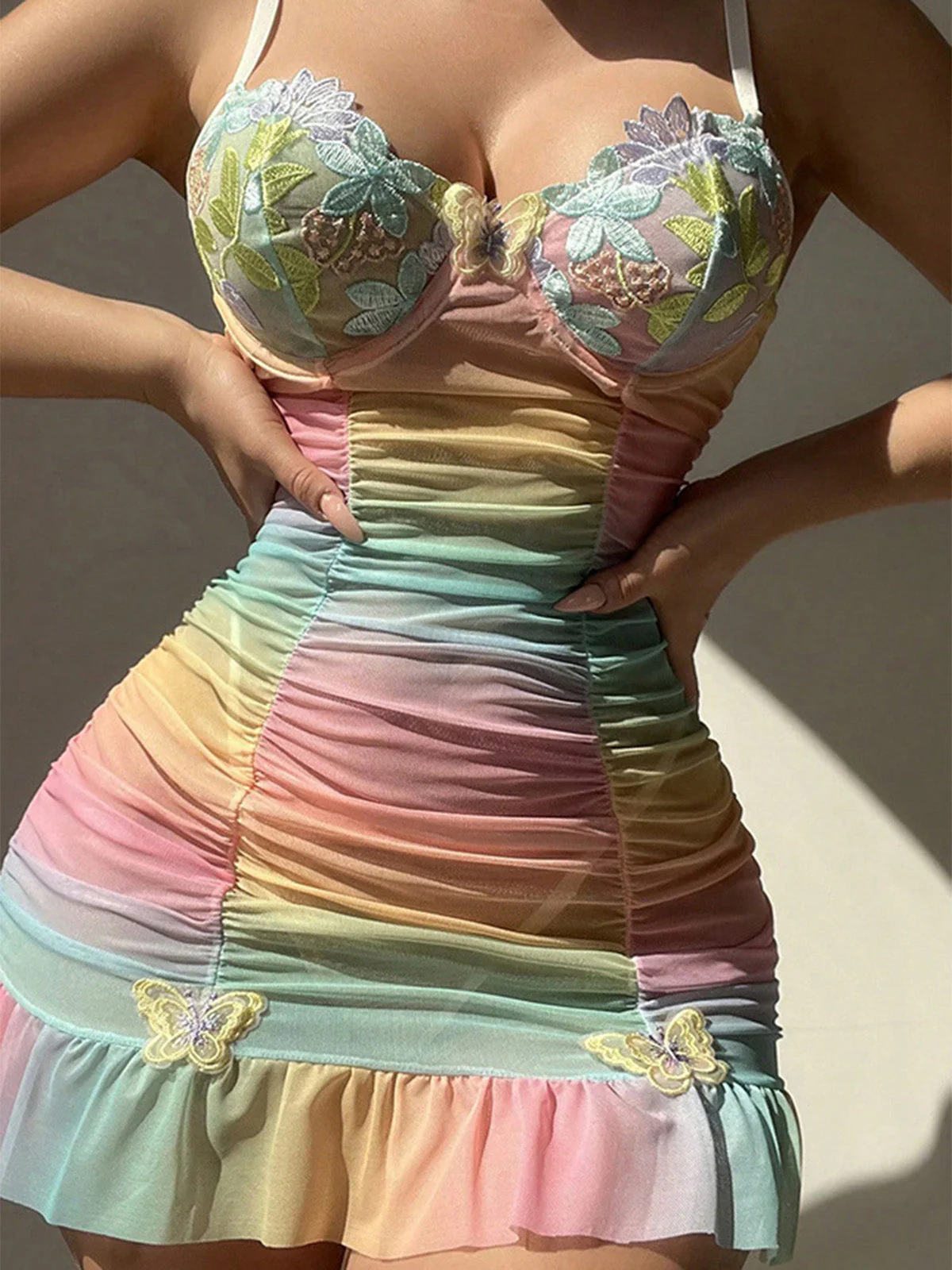Pastel Rainbow 1960s 3D Floral Butterfly Mesh Nightdress - Image 2