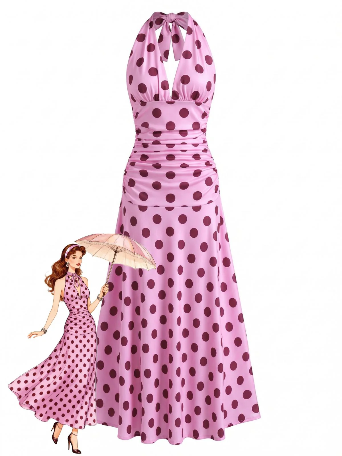 Peach Pink 1930s Polka Dot V-Neck Halter Midi Dress