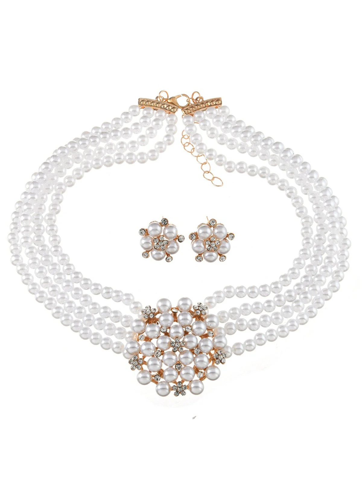 Pearl Layered Floral Statement Choker Necklace & Earrings Set - Image 2