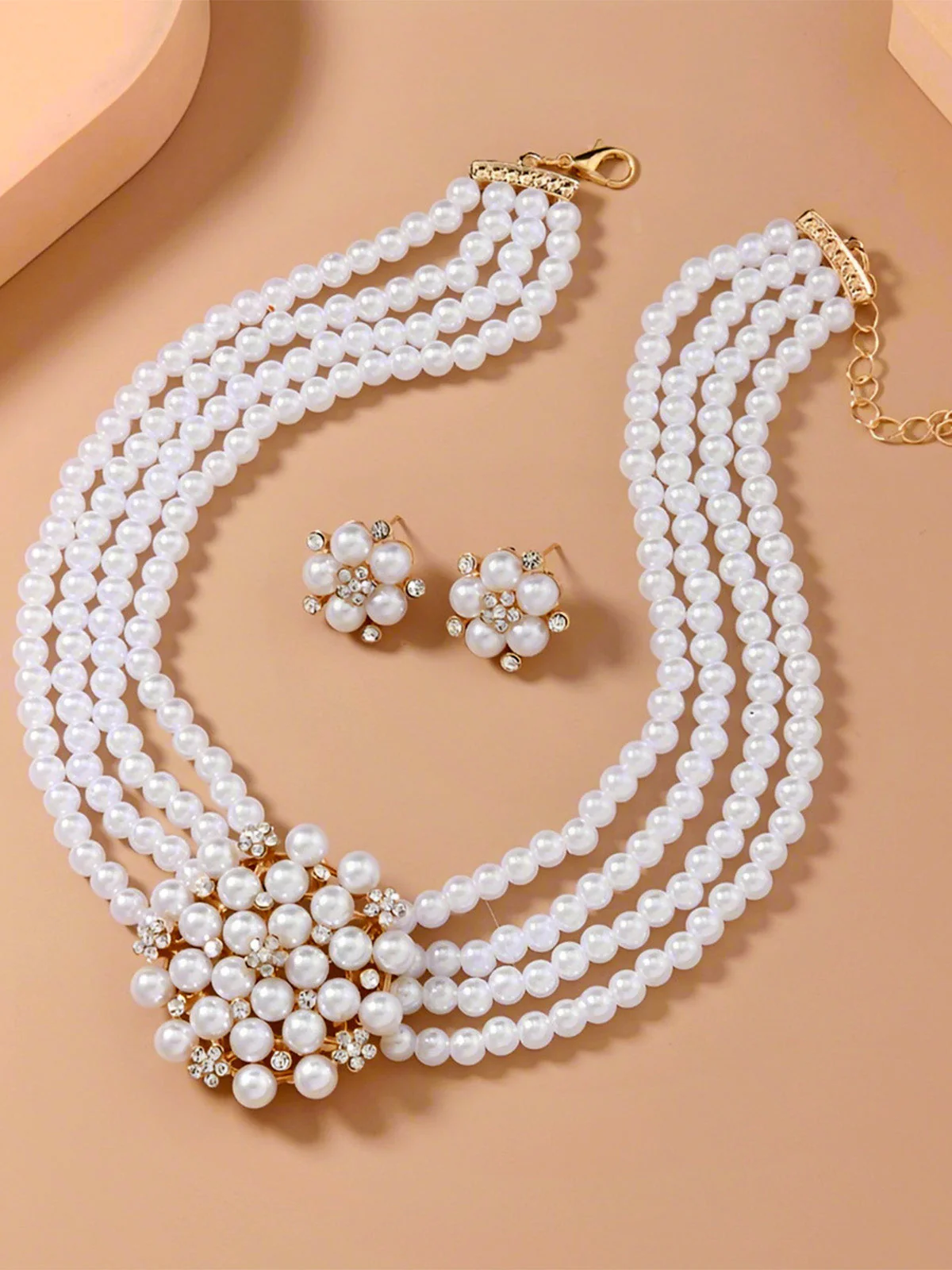 Pearl Layered Floral Statement Choker Necklace & Earrings Set - Image 3