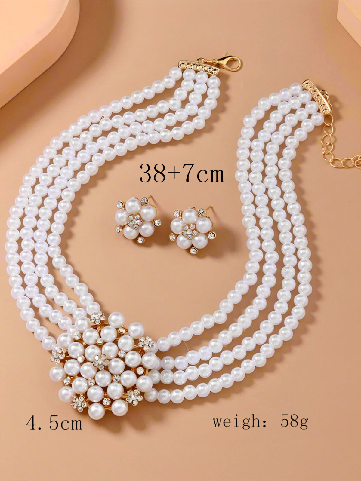 Pearl Layered Floral Statement Choker Necklace & Earrings Set - Image 4