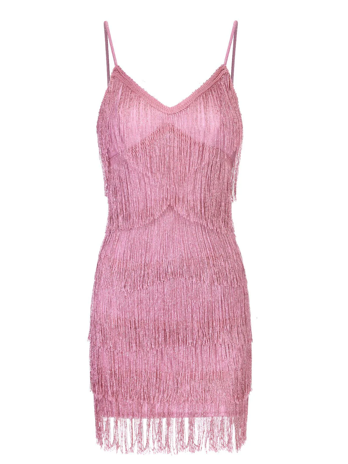 Pink 1920s Spaghetti Strap V-Neck Fringe Dress