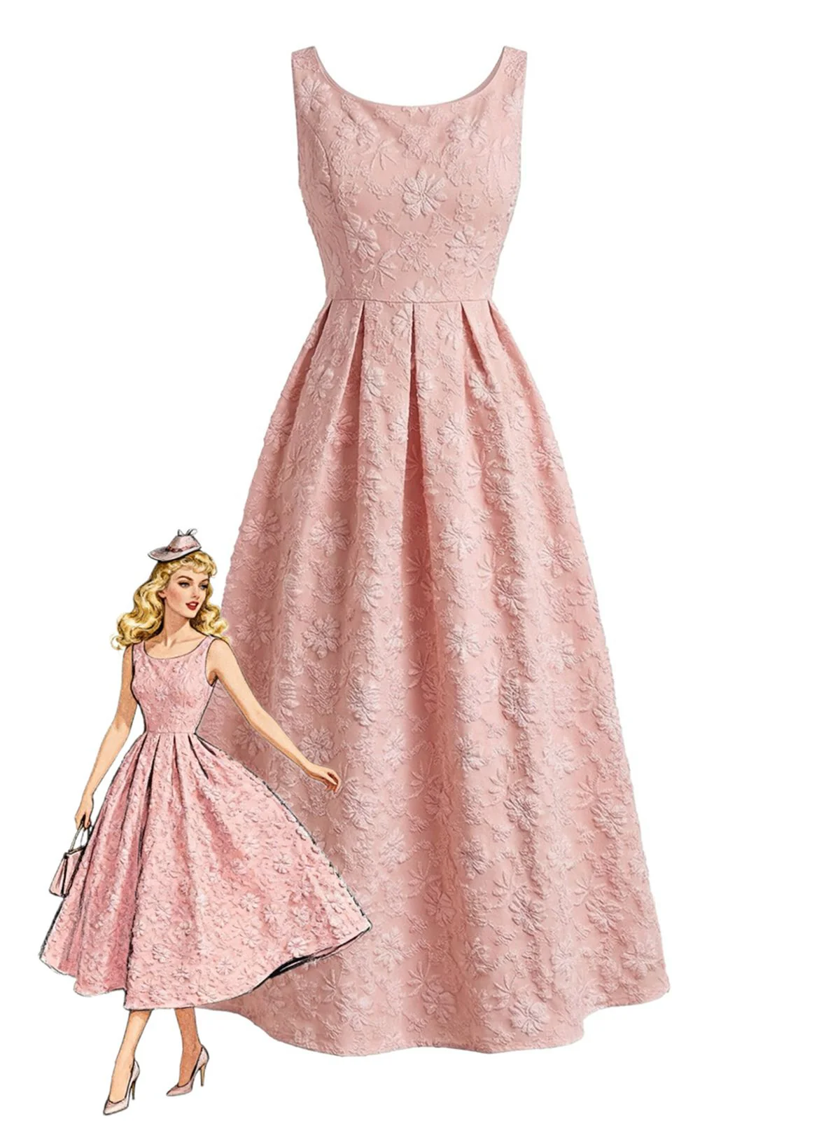 Pink 1930s Floral Jacquard Sleeveless Maxi Dress