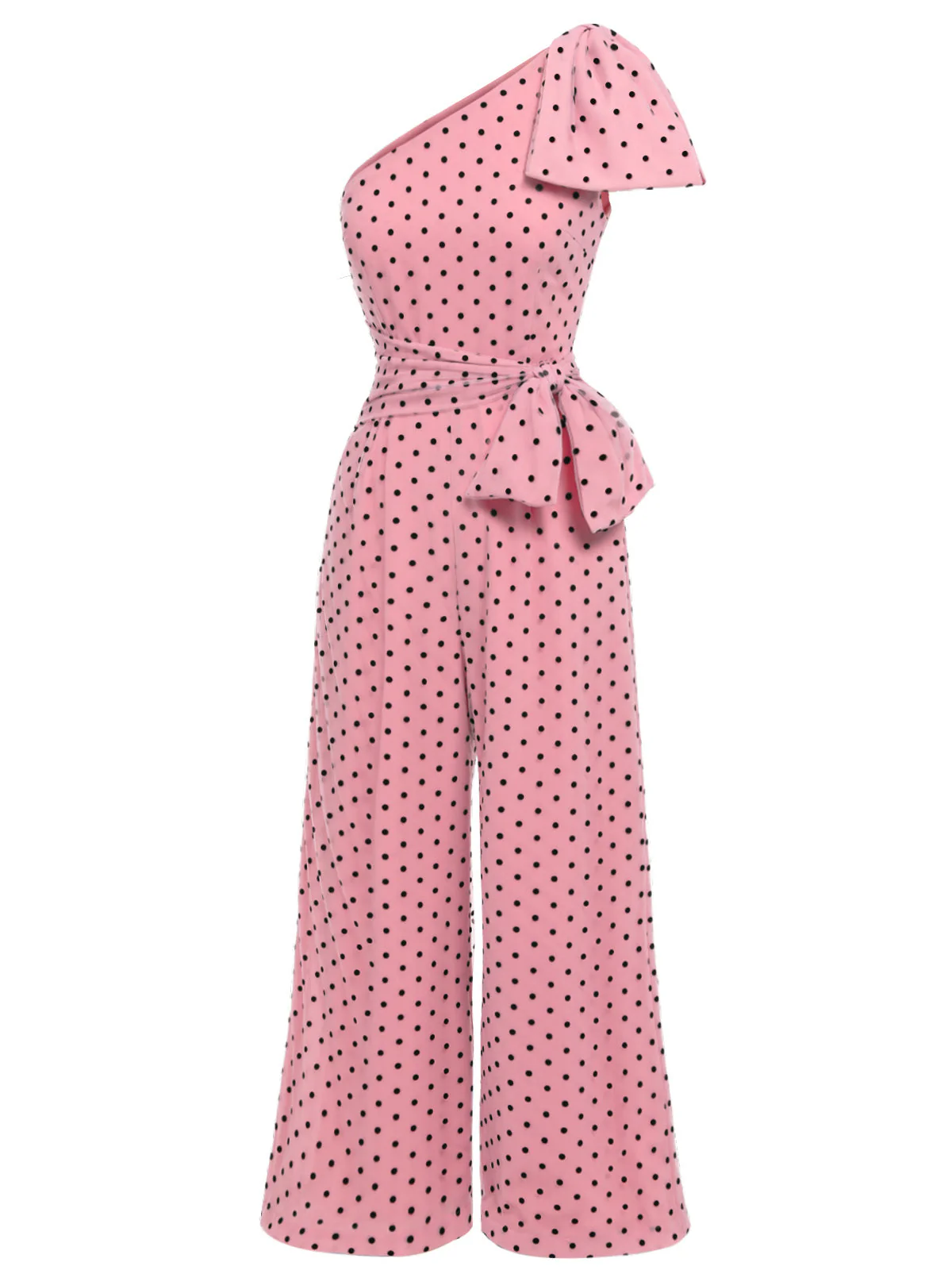 Pink 1930s Polka Dot One-shoulder Jumpsuit - Image 4