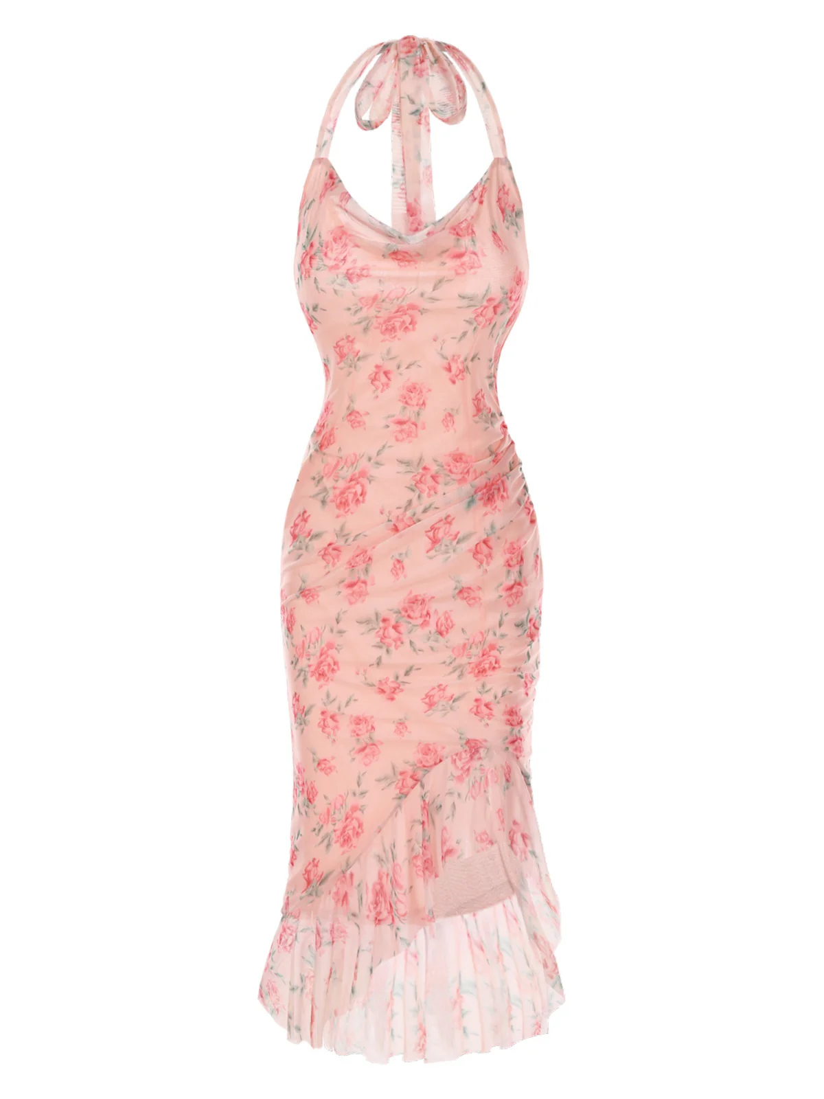 Pink 1930s Rose Silk Mesh Mermaid Dress - Image 3
