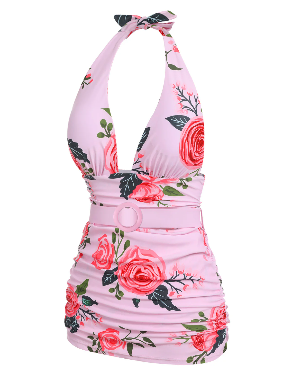 Pink 1930s Roses Halter Belt Swimsuit - Image 3