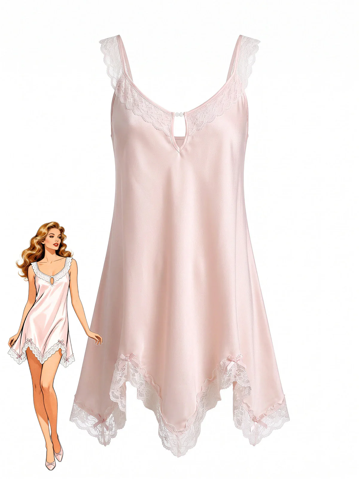Pink 1930s Satin Lace Keyhole Scoop Neck Nightgown
