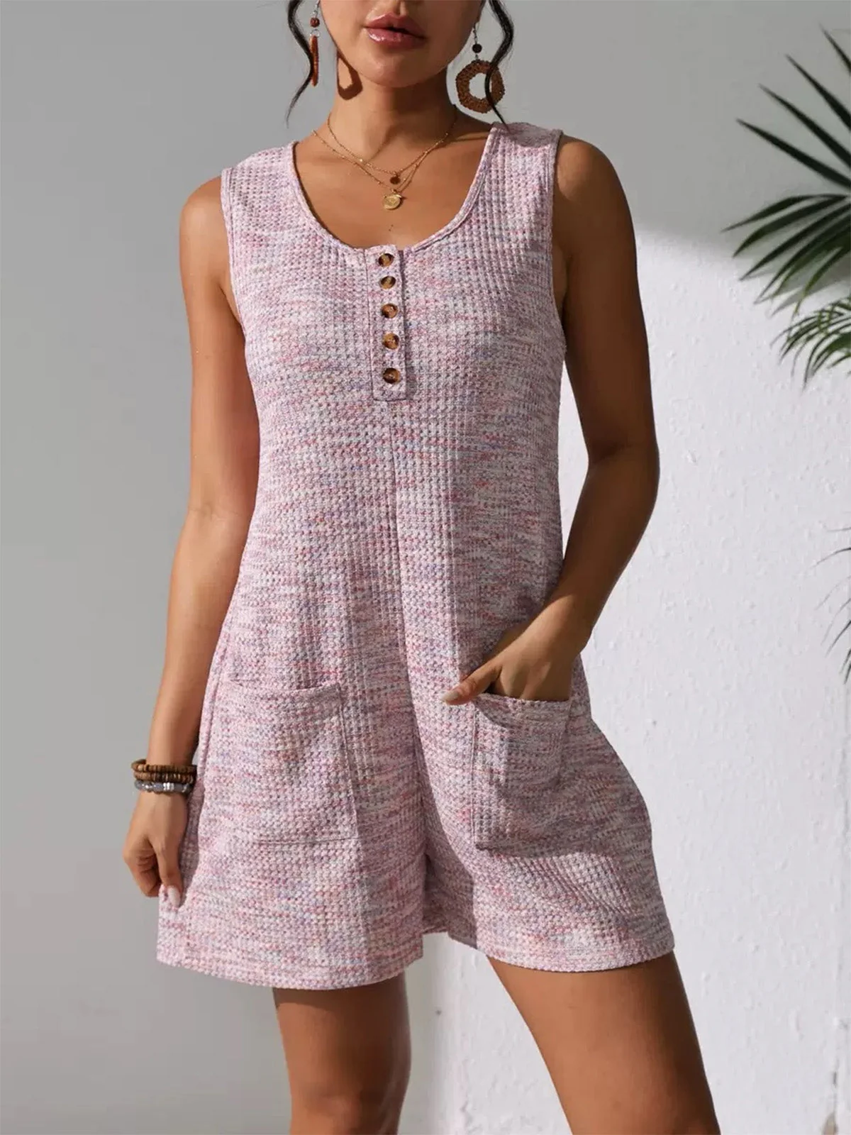 Pink 1930s Tweed Button Front Sleeveless Romper - Image 4
