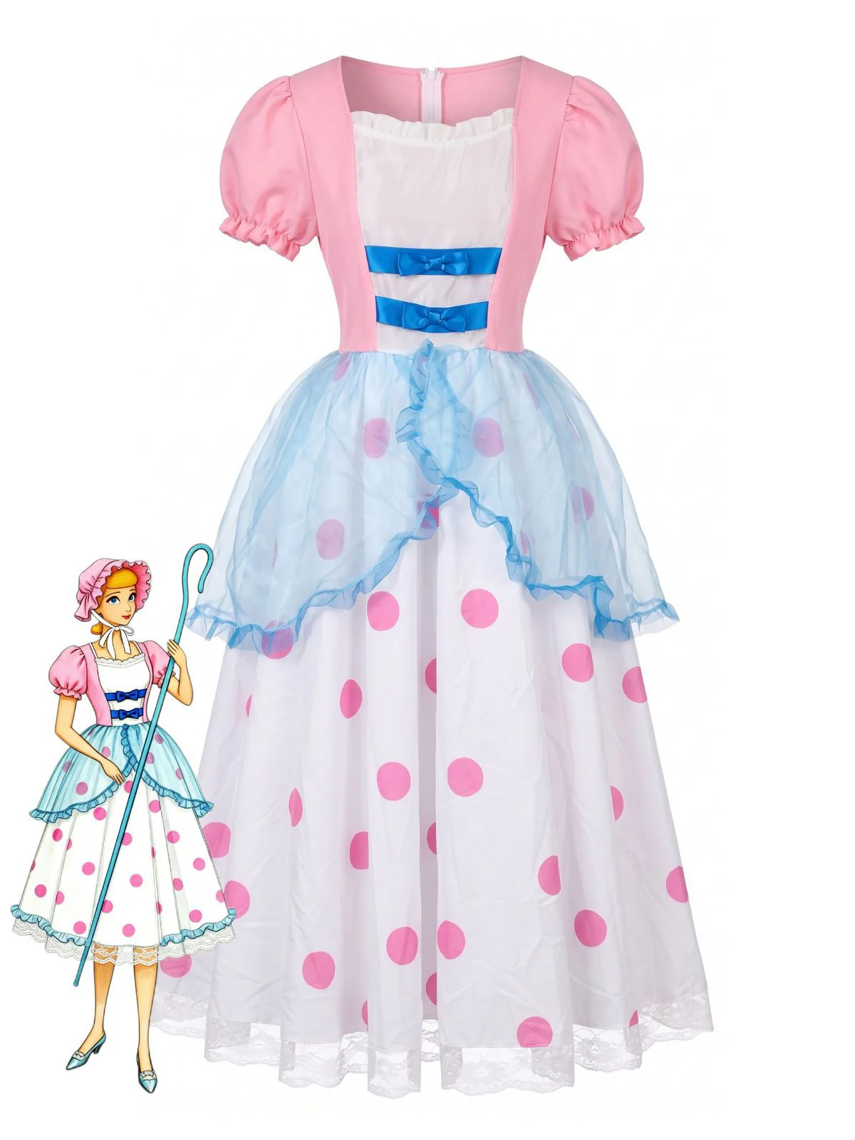Pink 1940s Bo Peep Cosplay Puff Polka Dot Dress