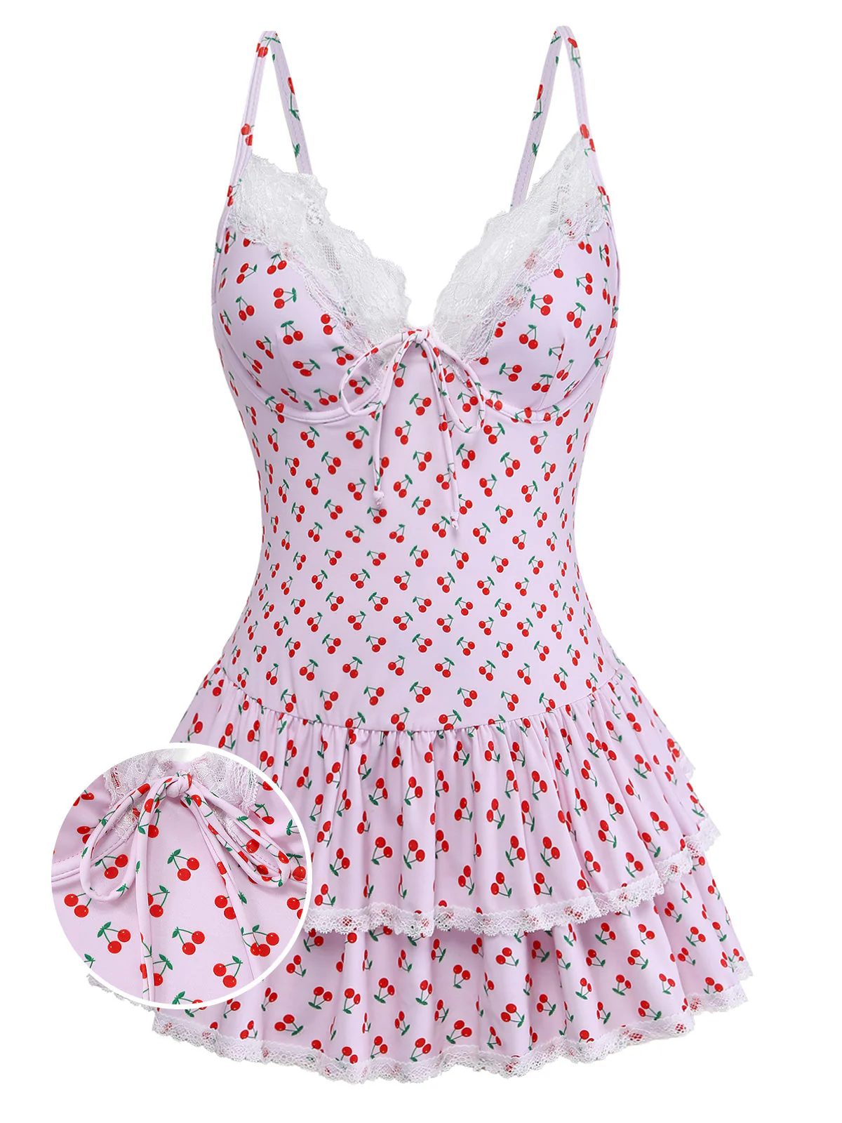 Pink 1940s Cherry Print Lace Trim One-Piece Swimsuit