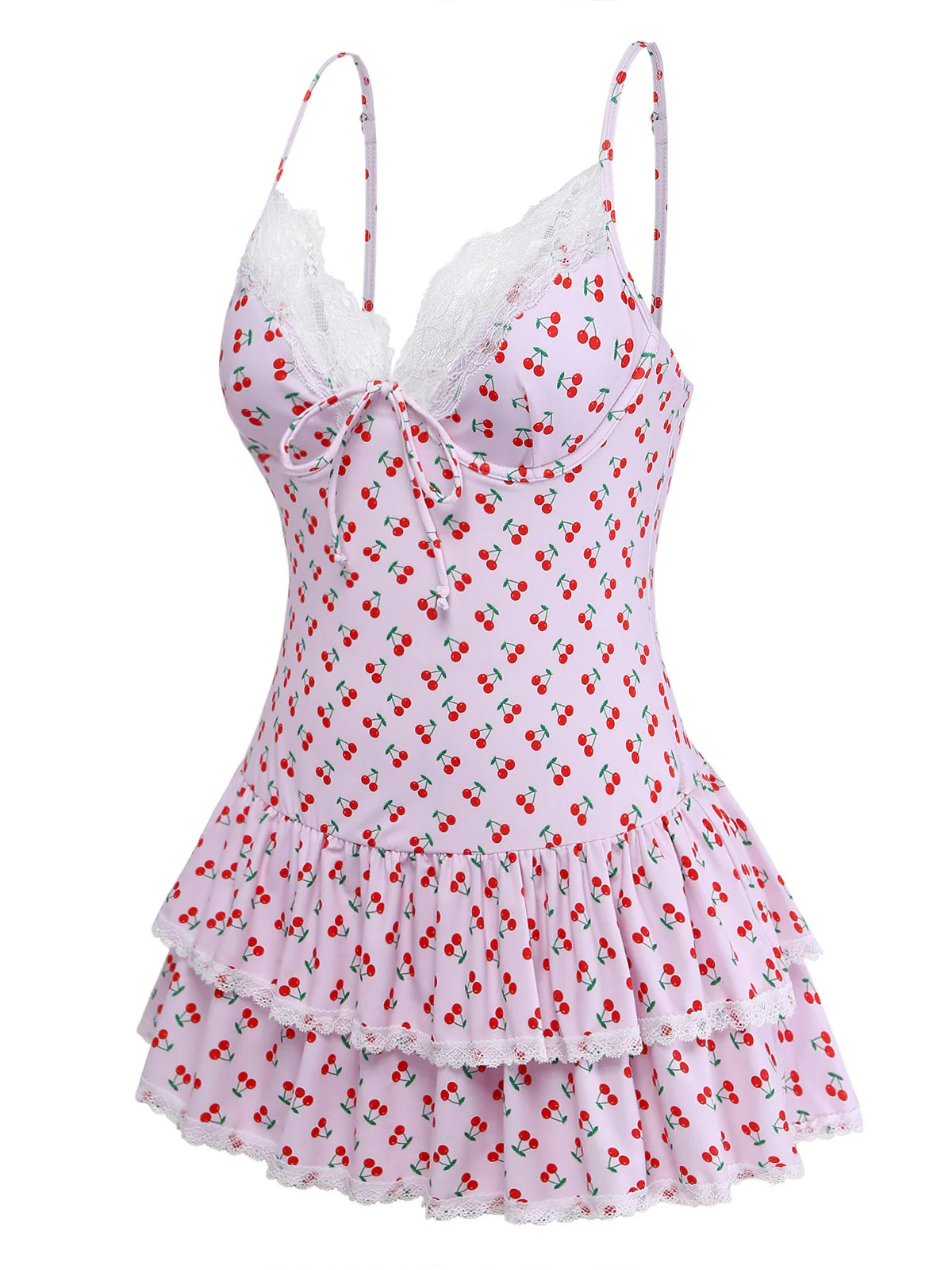 Pink 1940s Cherry Print Lace Trim One-Piece Swimsuit - Image 3