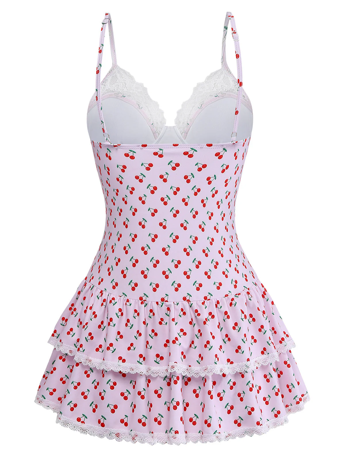 Pink 1940s Cherry Print Lace Trim One-Piece Swimsuit - Image 4