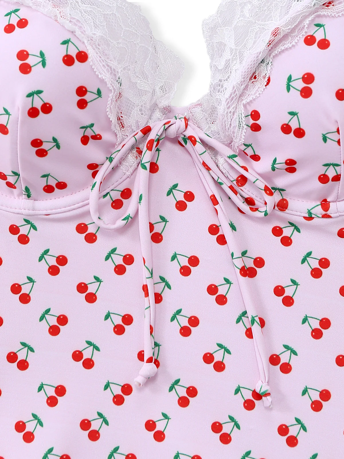 Pink 1940s Cherry Print Lace Trim One-Piece Swimsuit - Image 5