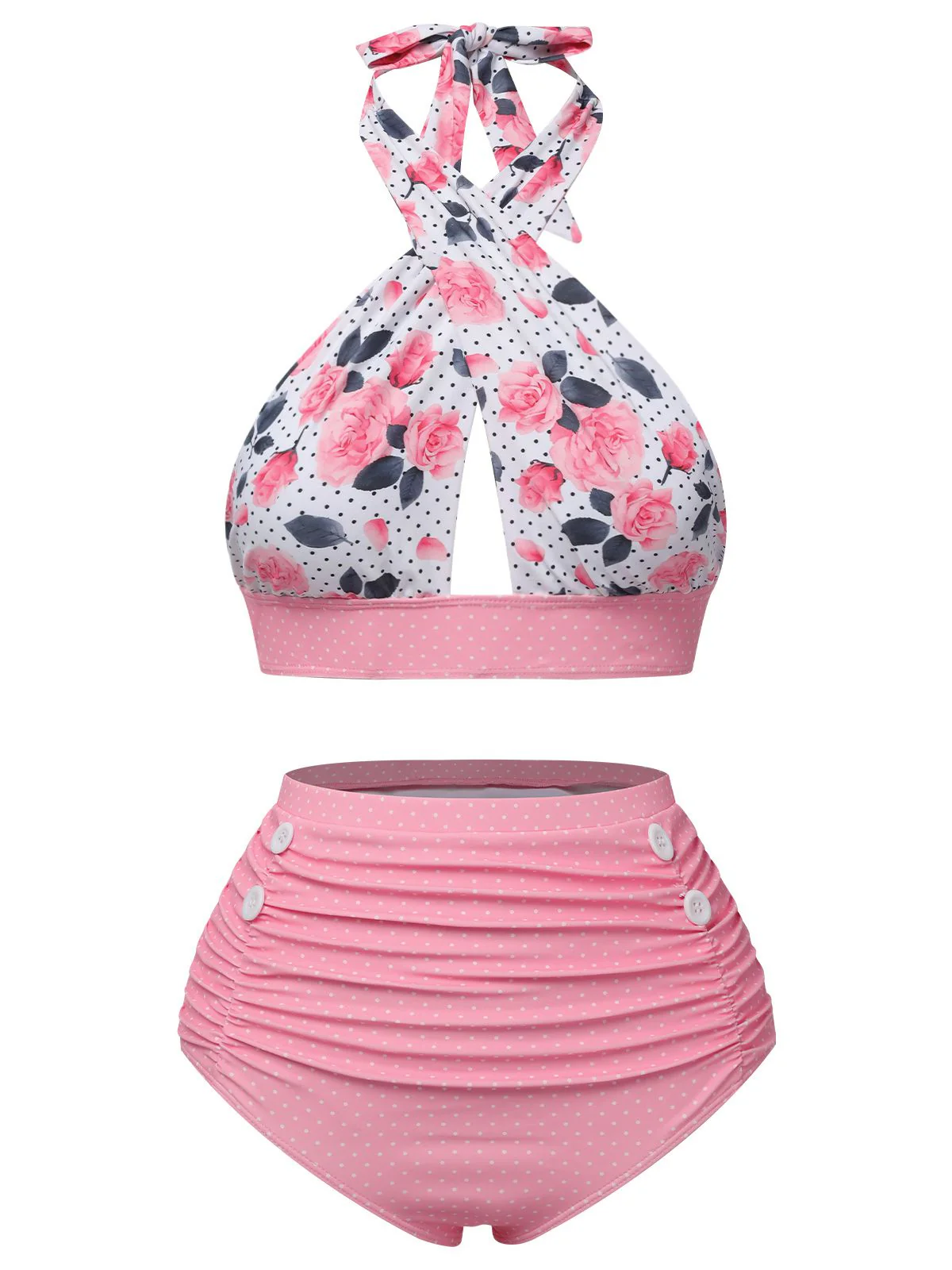 Blue 1940s Floral Cross Halter Swimsuit - Image 4