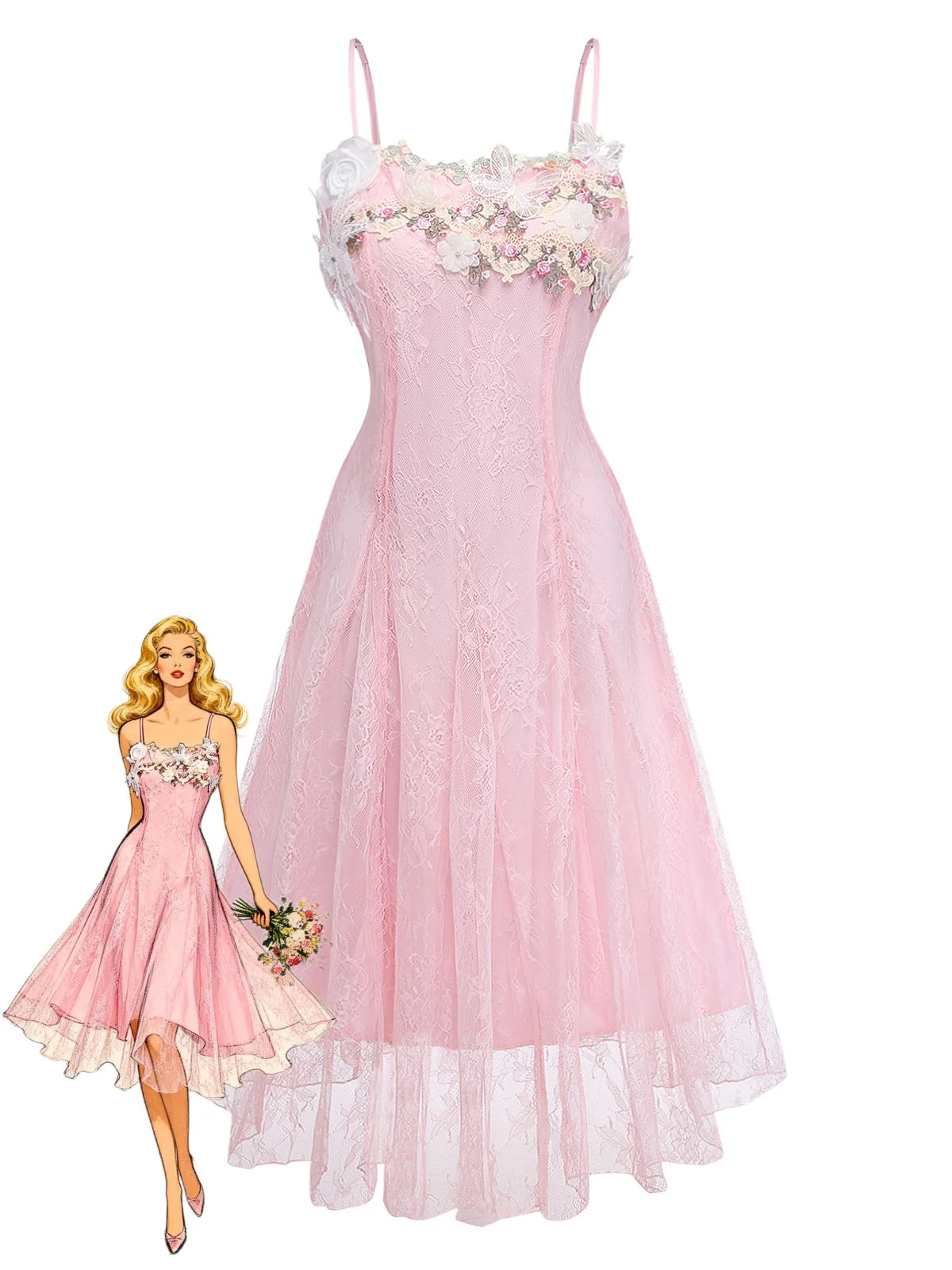 Pink 1940s Floral Lace Spaghetti-Strap Maxi Dress