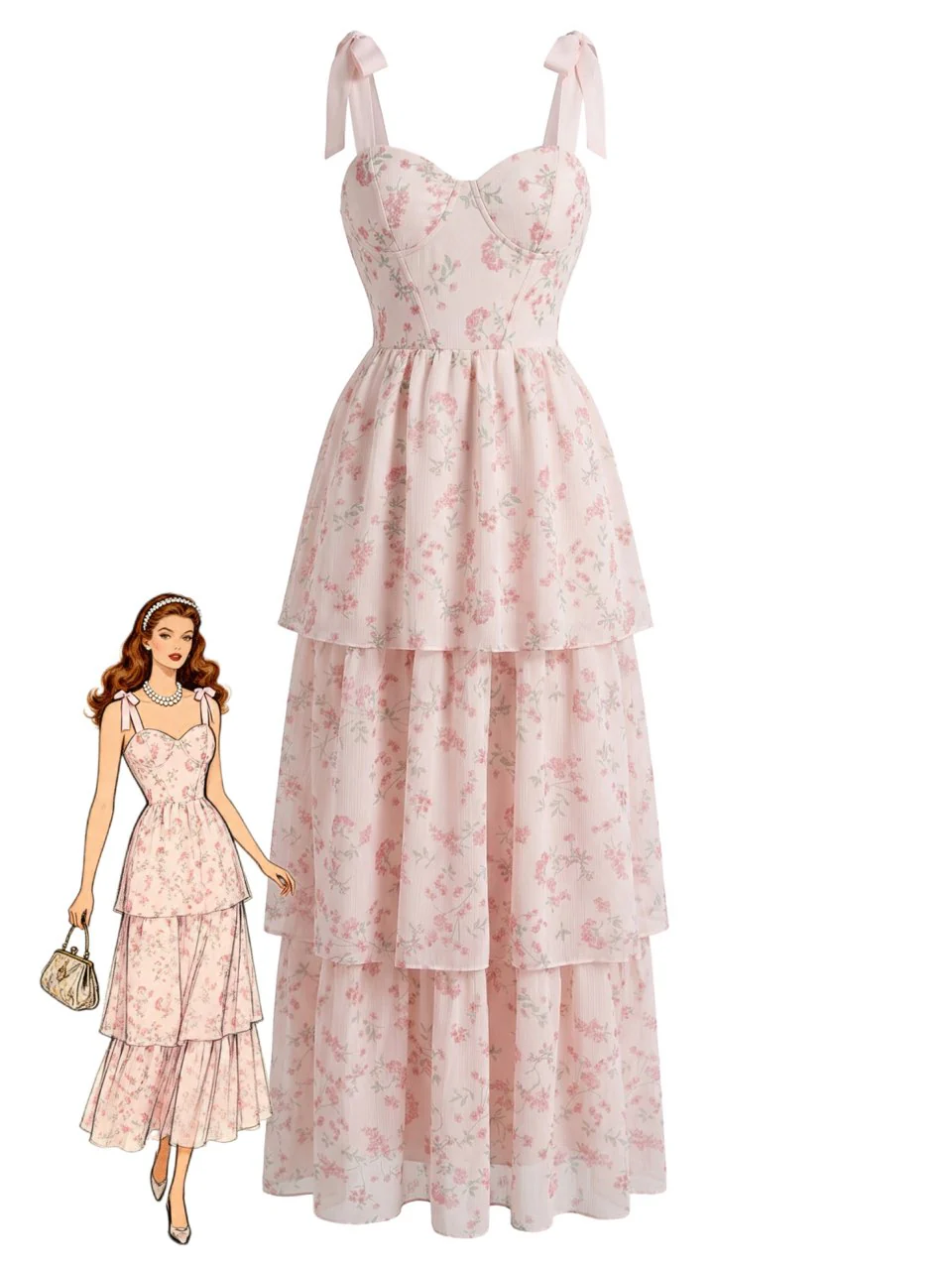 Pink 1940s Floral Fishbone Layered Tie Strap Mesh Midi Dress
