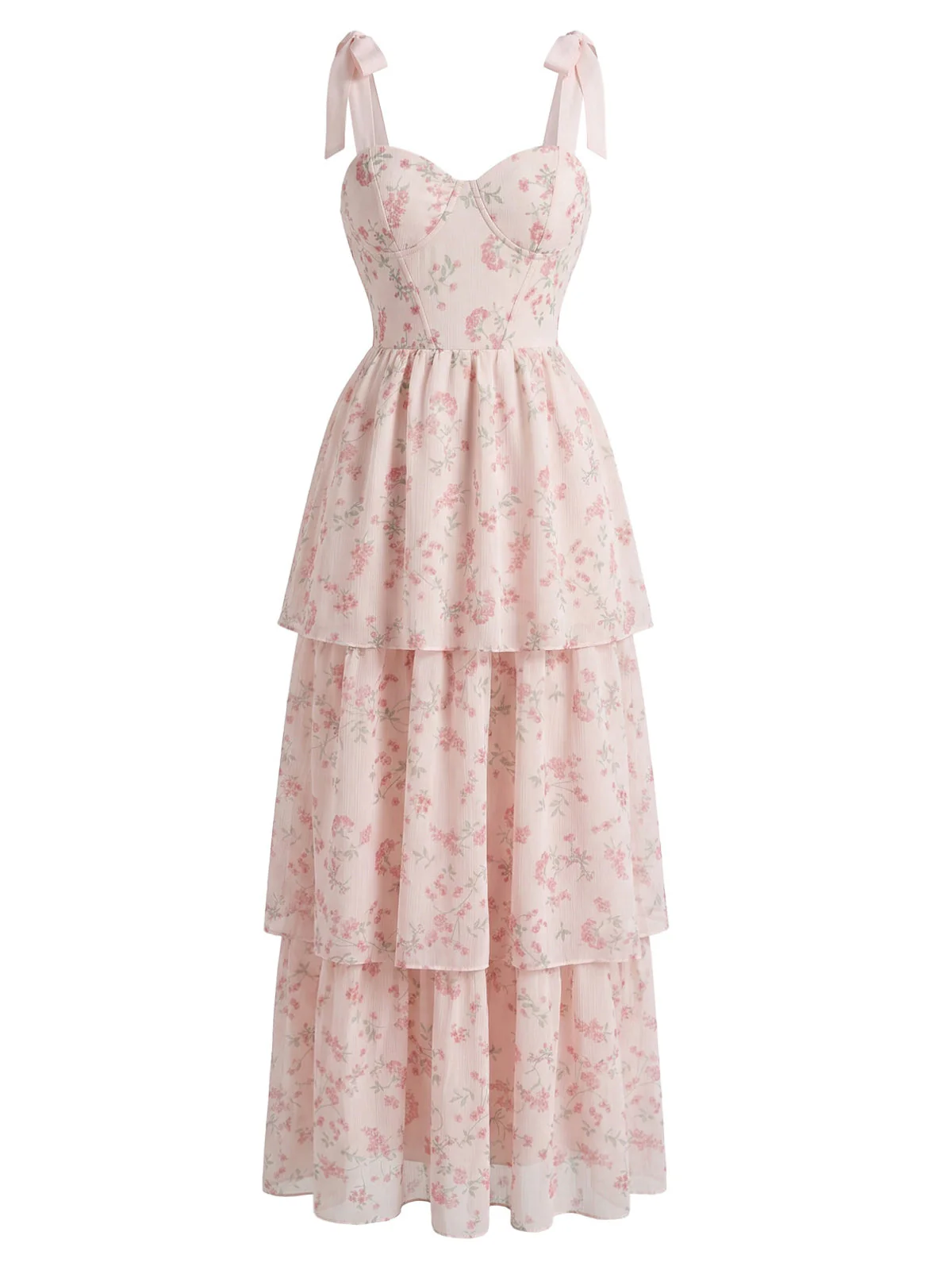 Pink 1940s Floral Fishbone Layered Tie Strap Mesh Midi Dress - Image 2