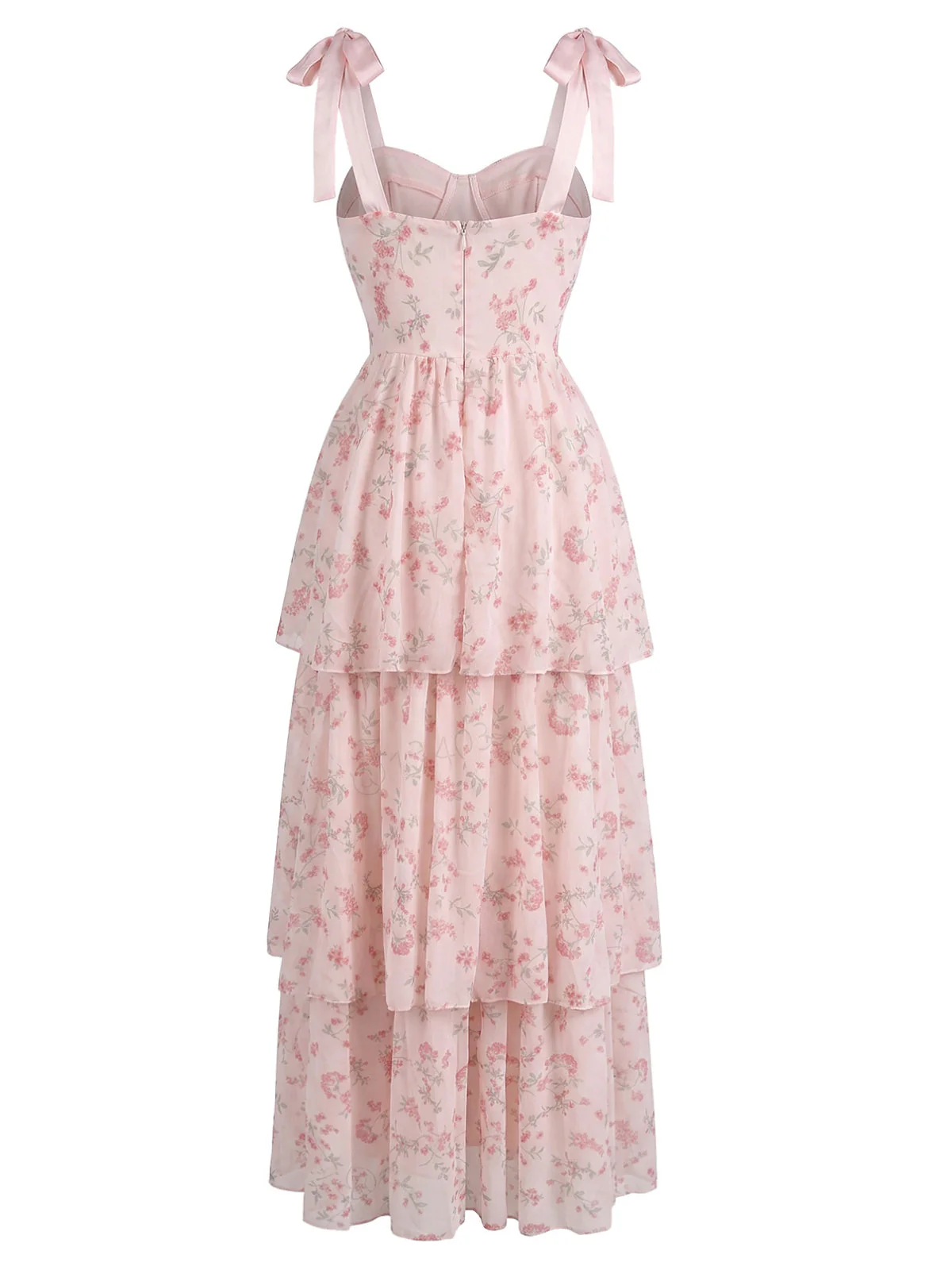 Pink 1940s Floral Fishbone Layered Tie Strap Mesh Midi Dress - Image 3