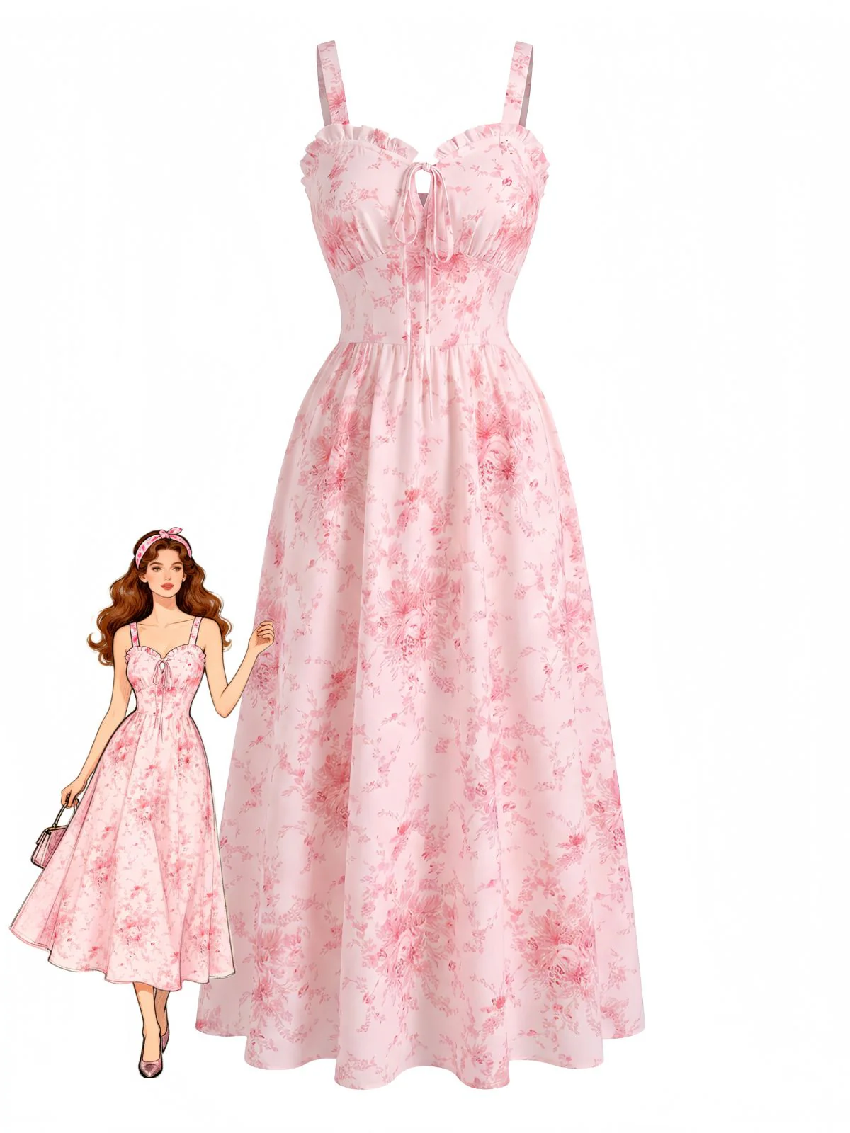 Pink 1940s Floral Ruffle Collar Smocked Dress