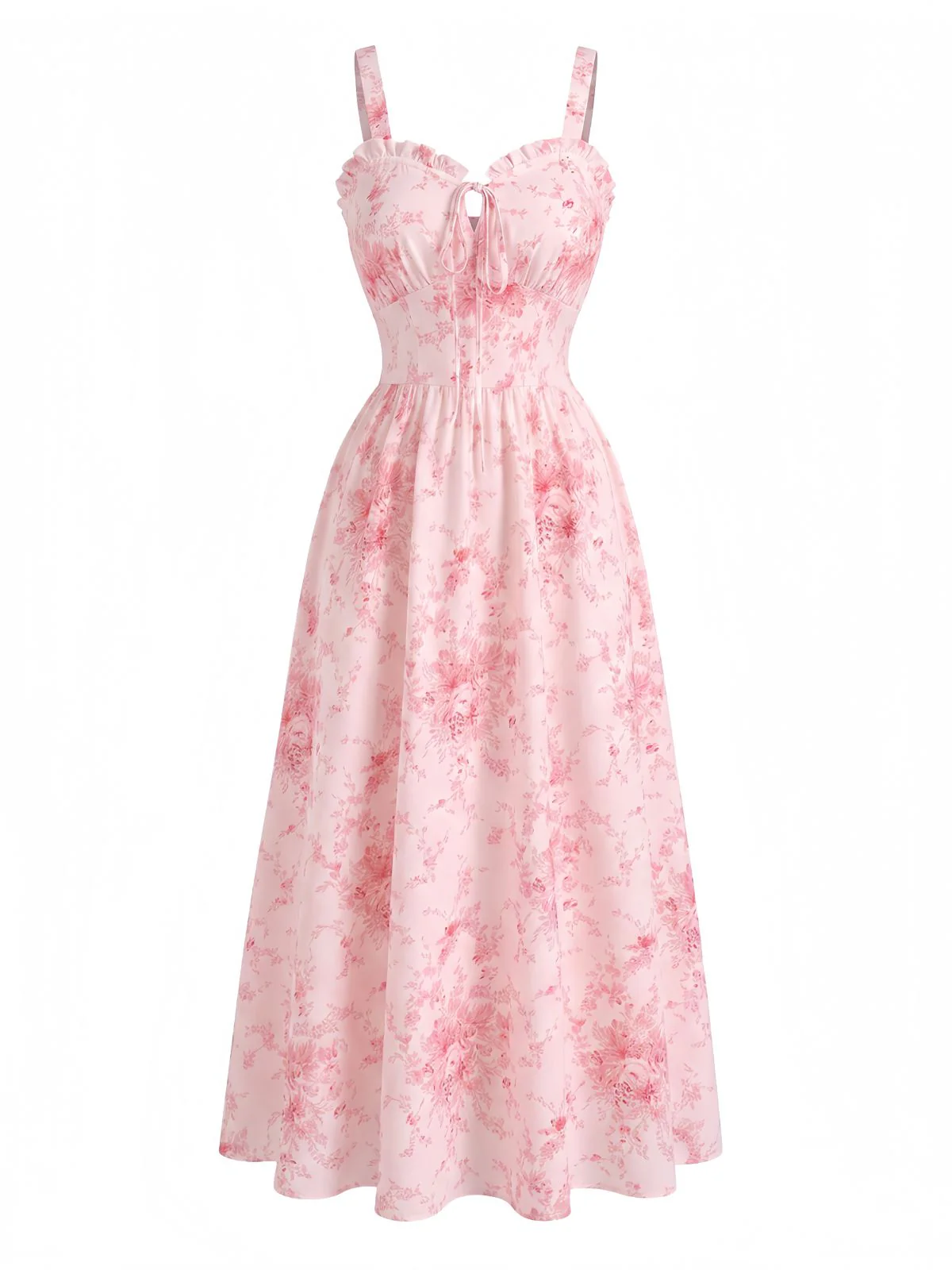 Pink 1940s Floral Ruffle Collar Smocked Dress - Image 2