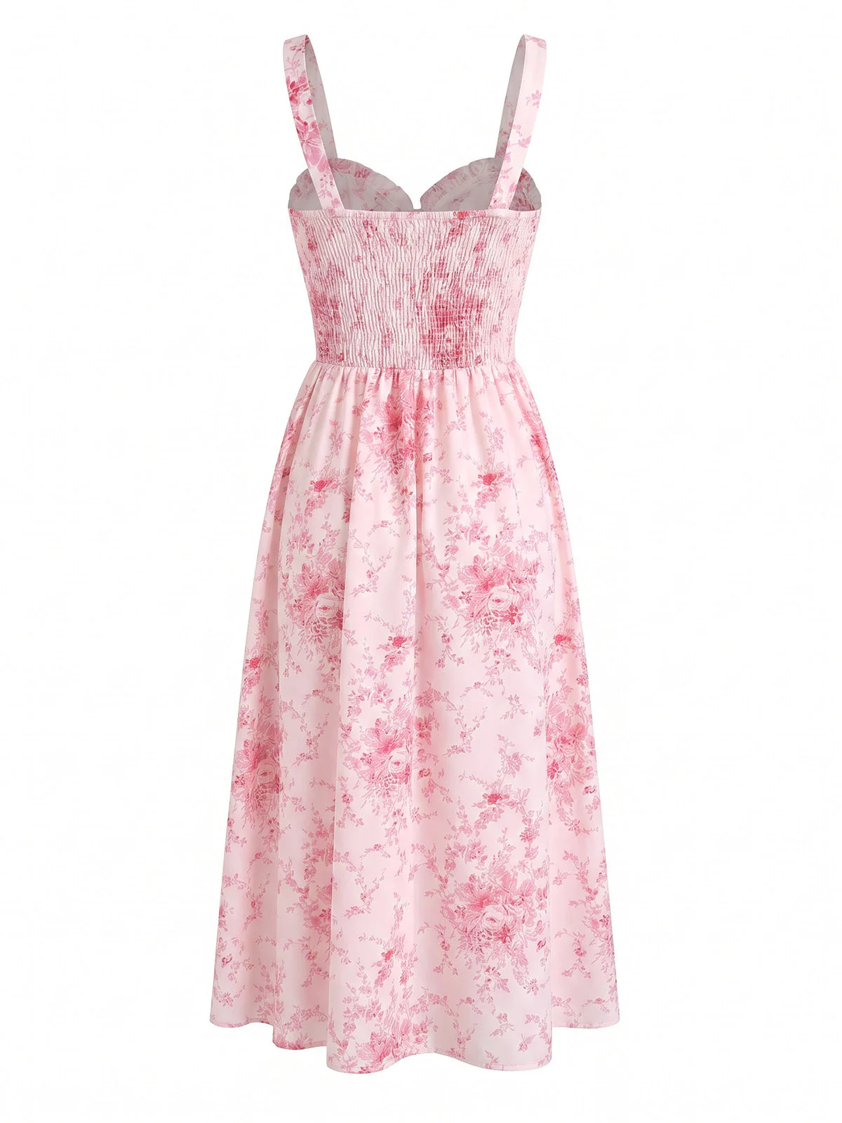 Pink 1940s Floral Ruffle Collar Smocked Dress - Image 3