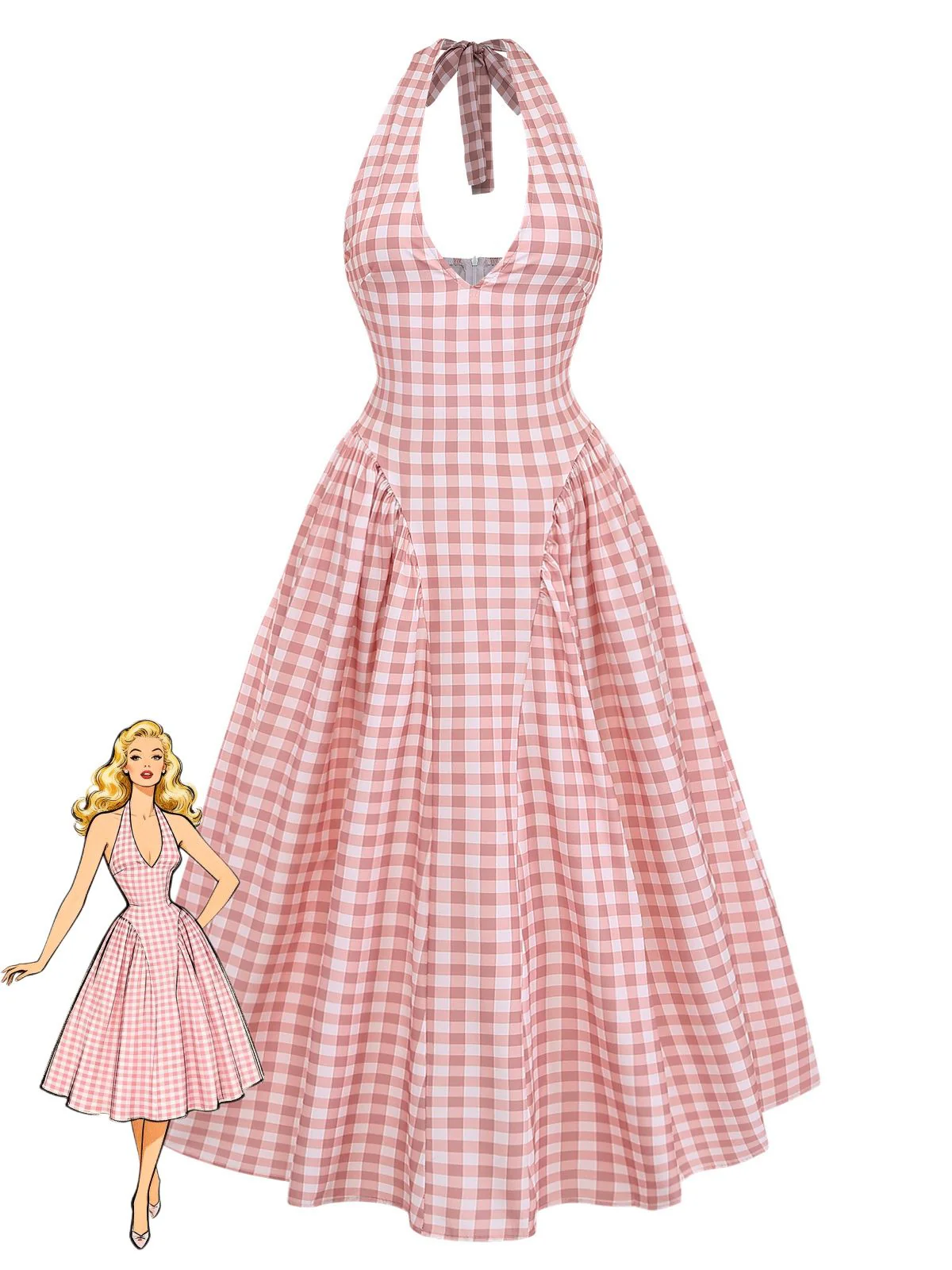 Pink 1940s Gingham V-Neck Sleeveless Flared Maxi Dress