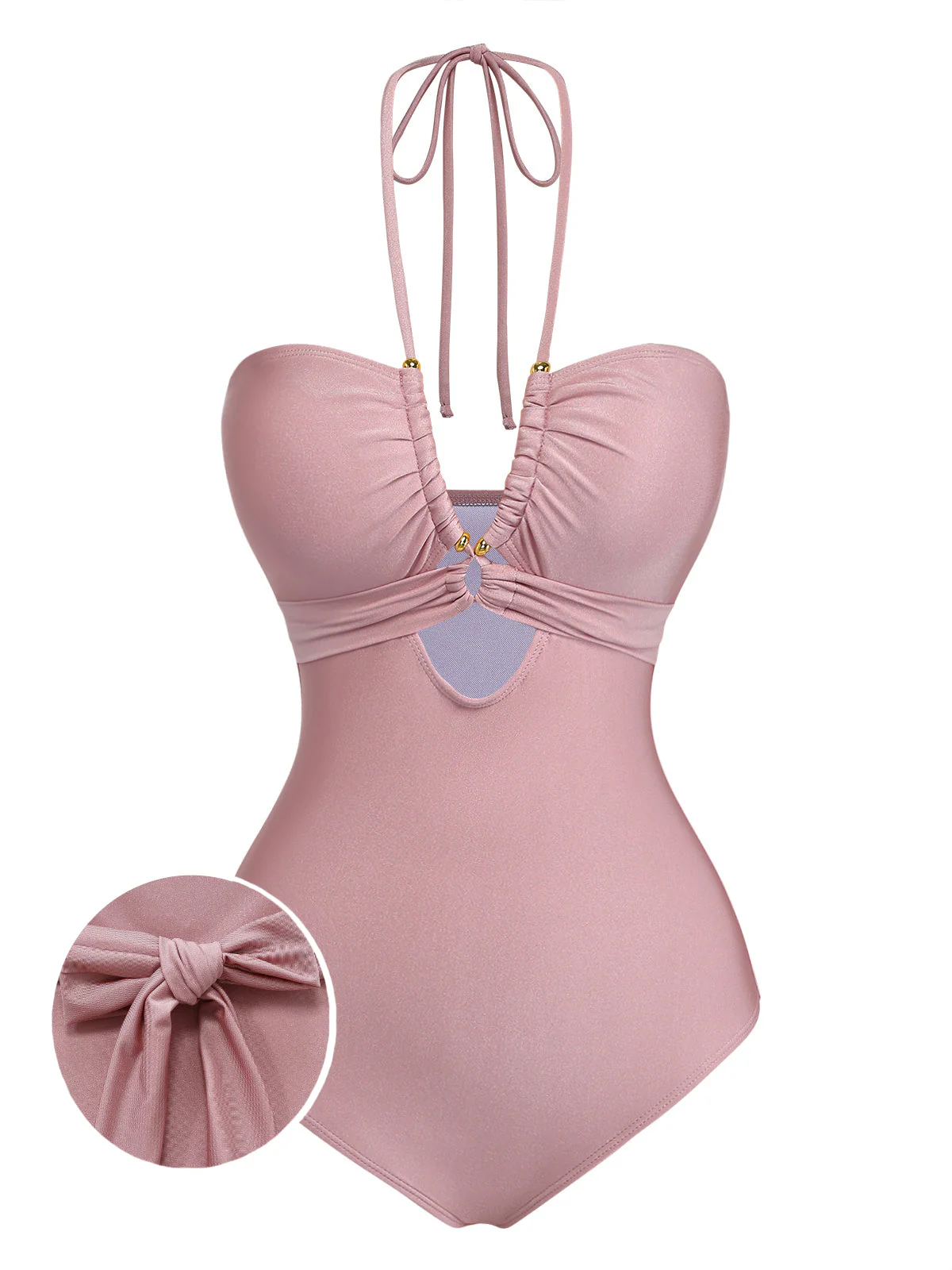 Pink 1940s Halter Metal-Ring Crisscross Tie Swimsuit