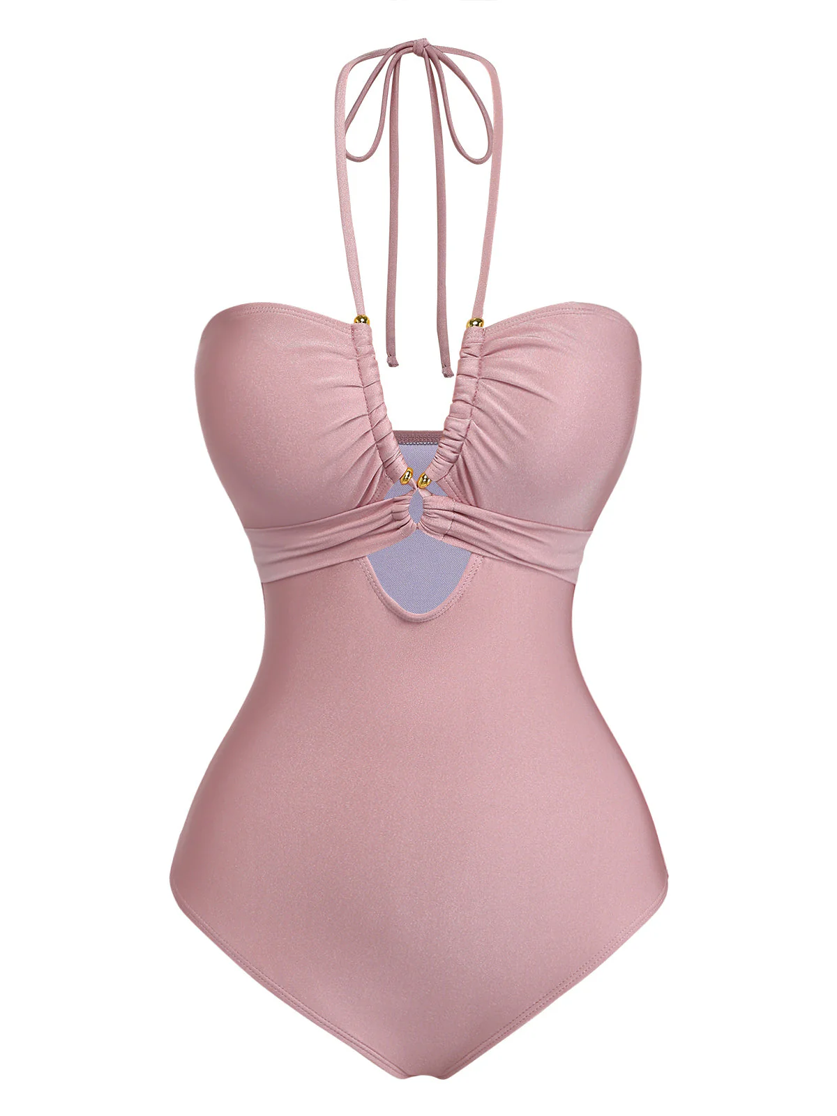 Pink 1940s Halter Metal-Ring Crisscross Tie Swimsuit - Image 2