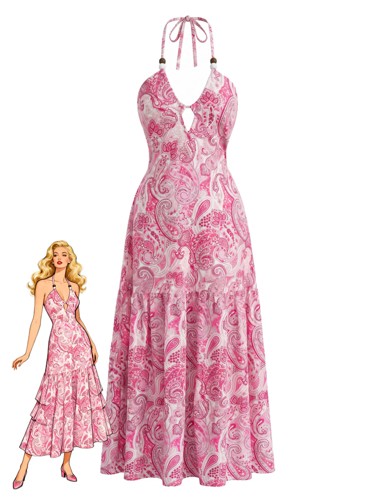 Pink 1940s Paisley Halter Keyhole Tiered Maxi Dress