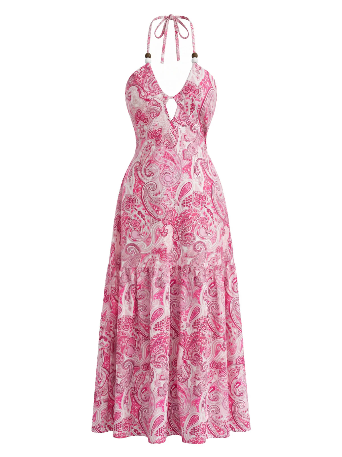 Pink 1940s Paisley Halter Keyhole Tiered Maxi Dress - Image 3