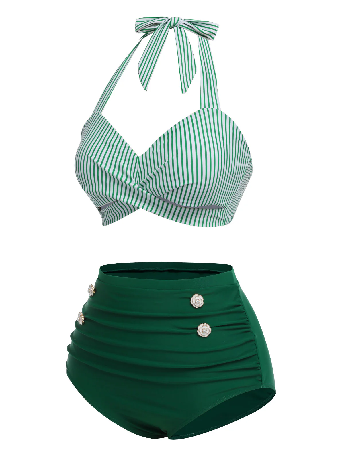 Green 1940s Striped Halter Swimsuit Set - Image 3