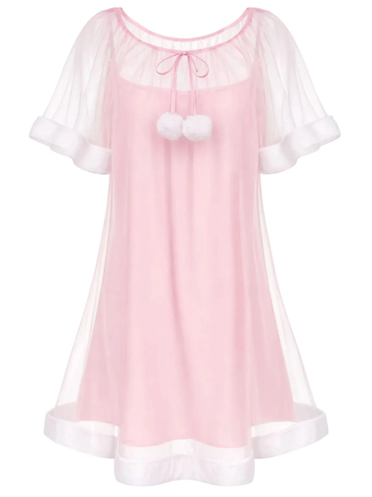 Pink 1940s Ruffle Sleeve Plush Trim Tulle Nightgown