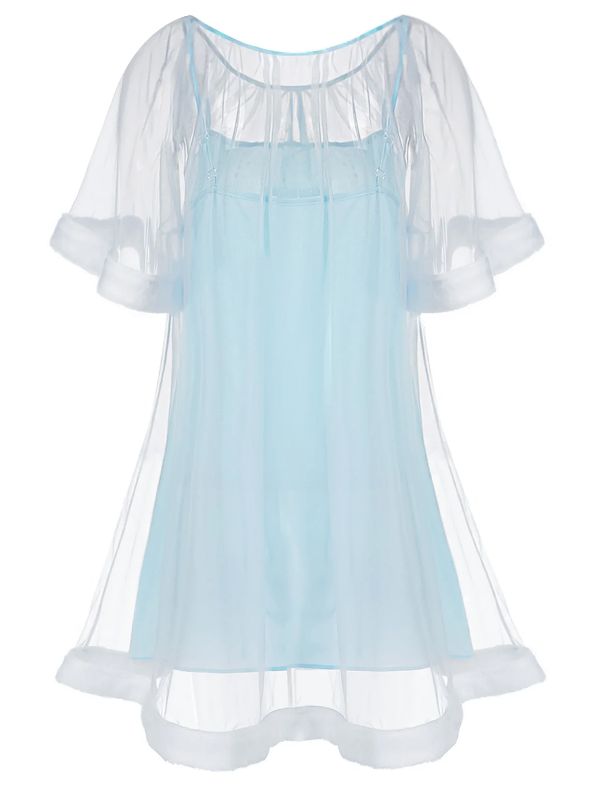 Blue 1940s Ruffle Sleeve Plush Trim Tulle Nightgown - Image 7