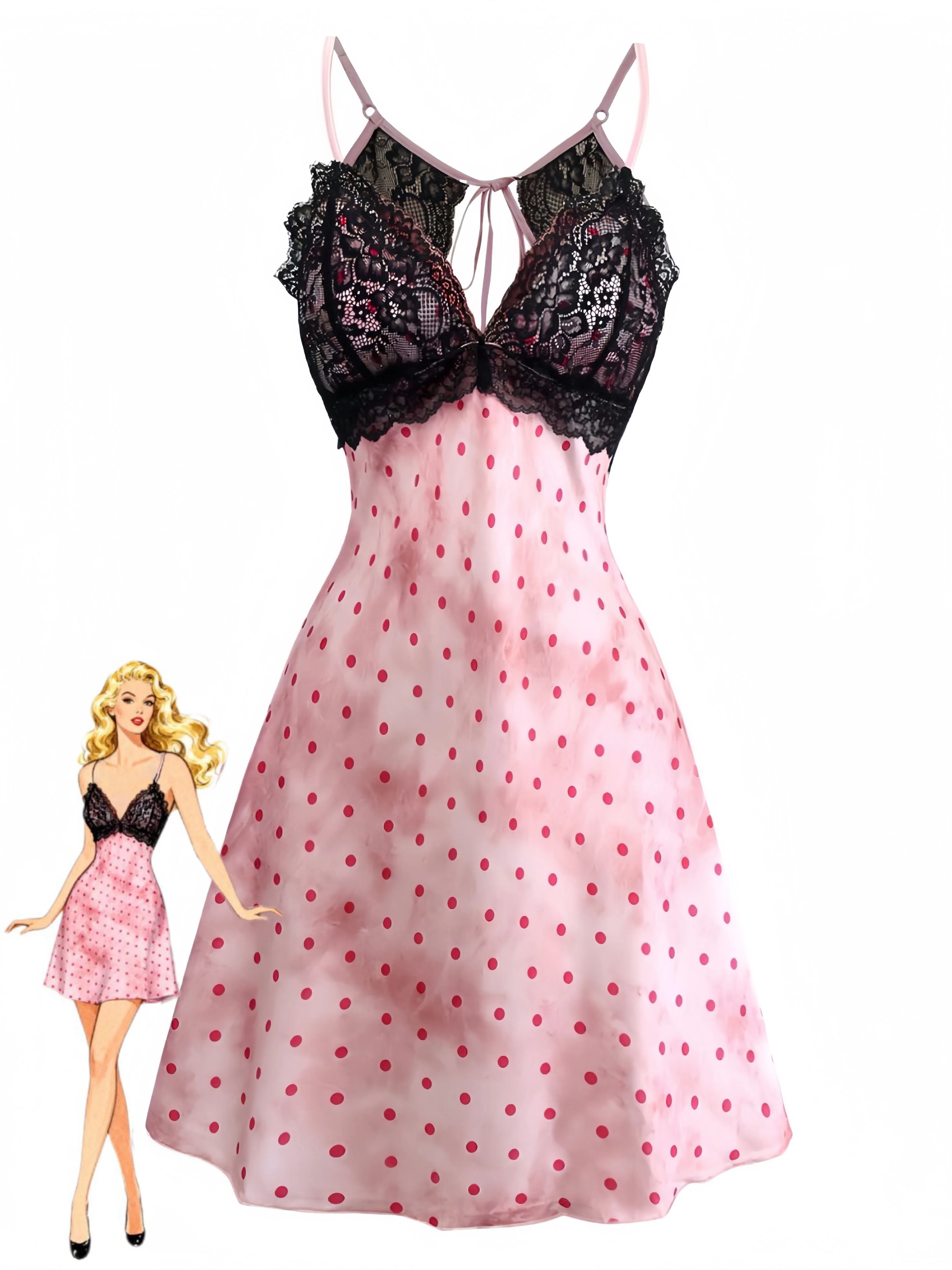 Pink 1940s Satin Polka Dot Lace Trim Backless Nightdress