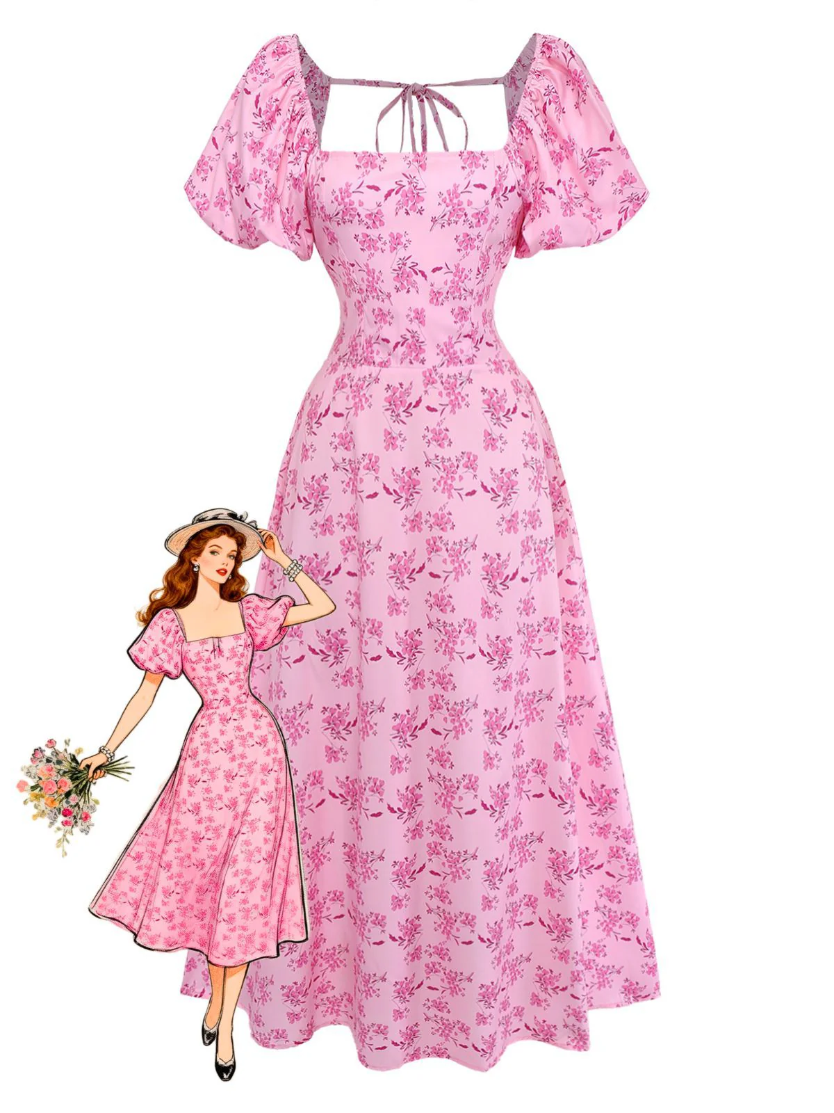 Pink 1940s Square Neck Puff Sleeve Floral Dress