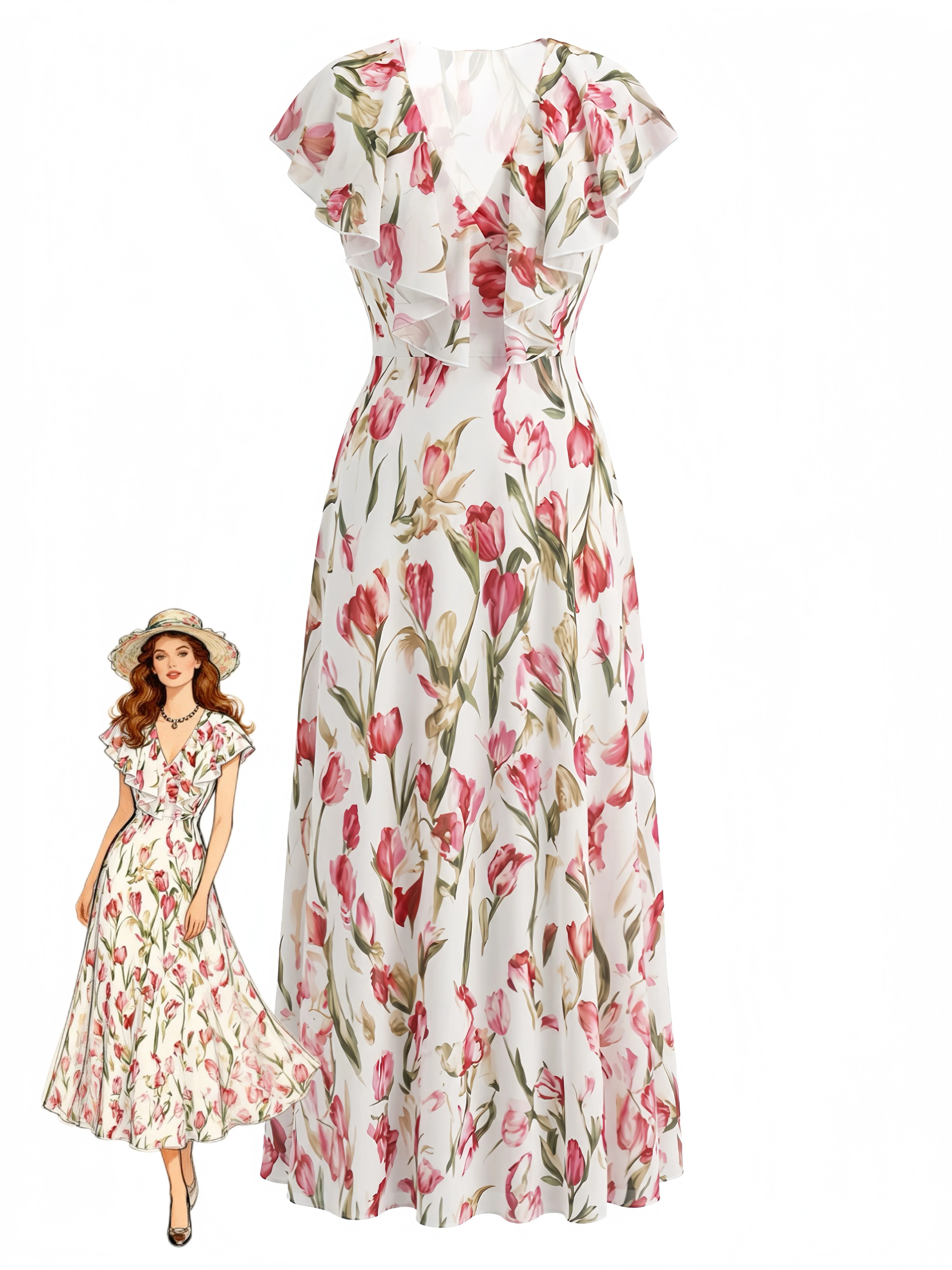 Pink 1940s Tulip Print Flutter Sleeve V-Neck Dress