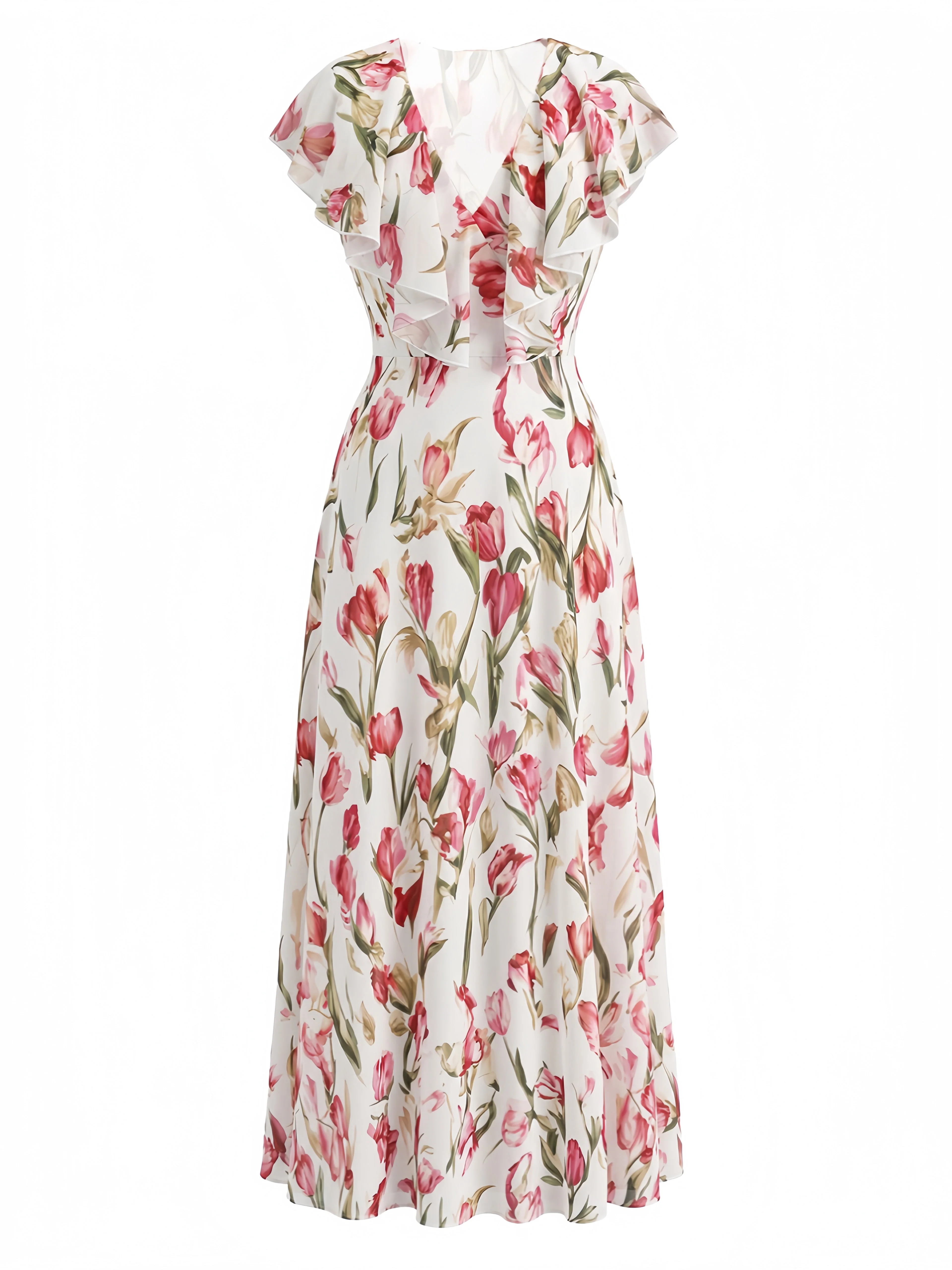Pink 1940s Tulip Print Flutter Sleeve V-Neck Dress - Image 2