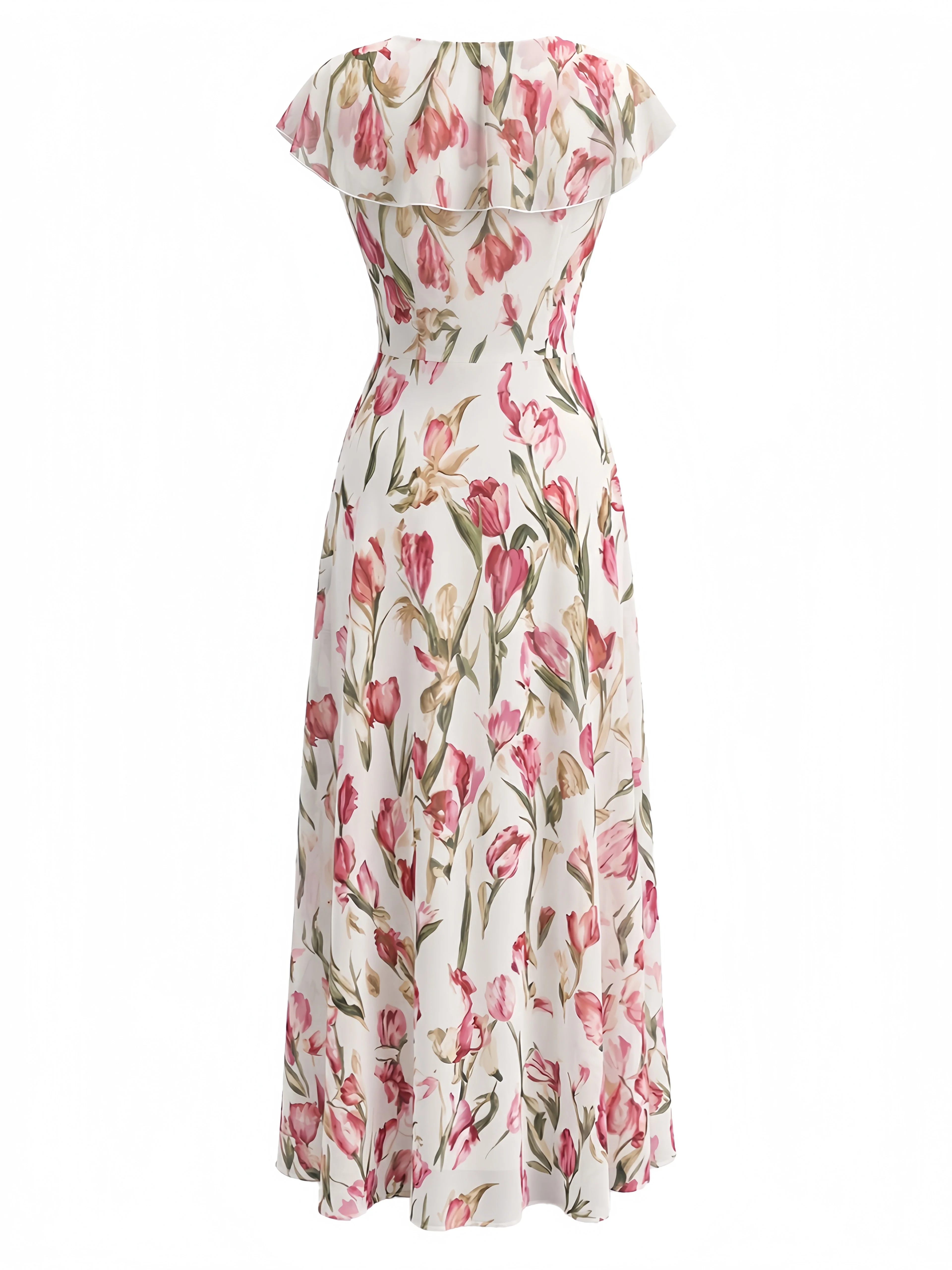 Pink 1940s Tulip Print Flutter Sleeve V-Neck Dress - Image 3