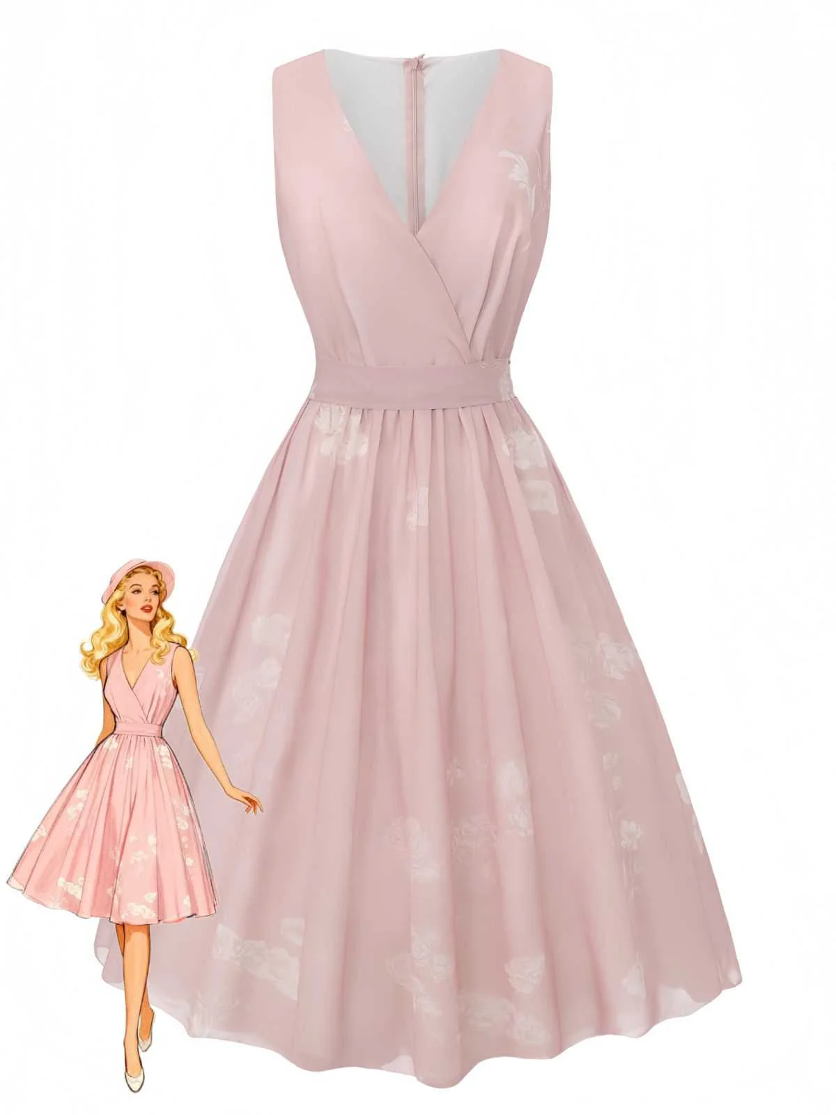 Pink 1940s V-Neck Floral Belted Sleeveless Dress