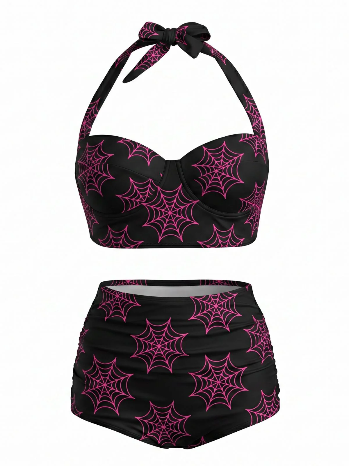 Pink 1950s Bat Print Lace-Up Halter Swimsuit - Image 7