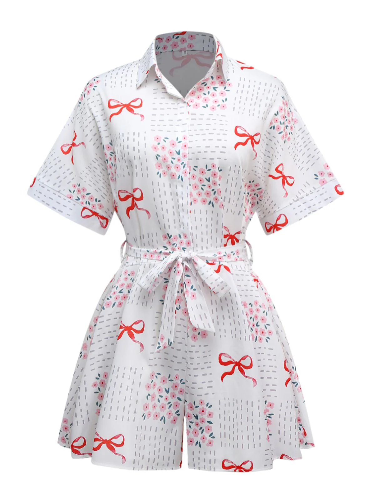 Pink 1950s Bow & Floral Belted Lapel Romper